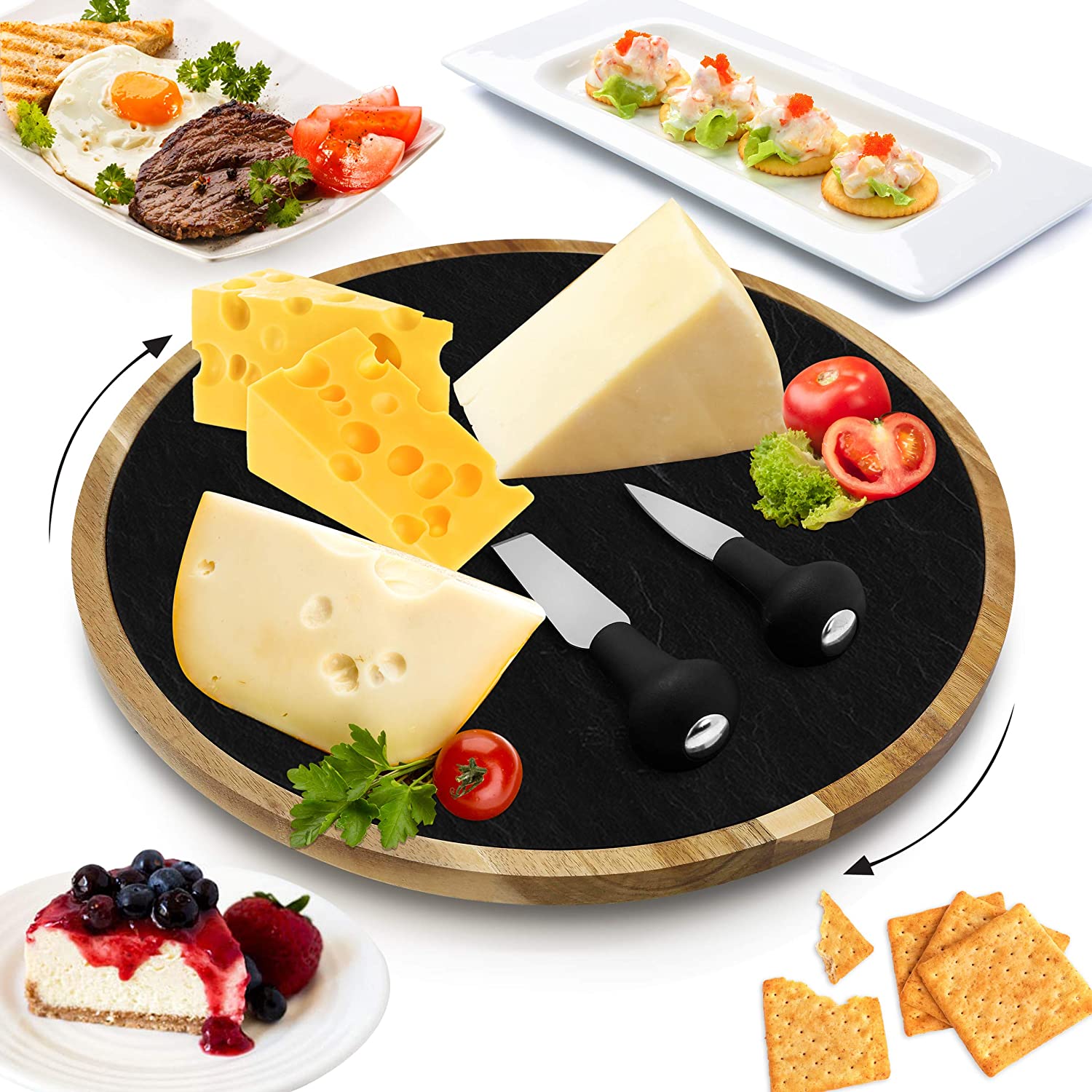 Price:$31.99 Lazy Susan Cheese Board - 12 Inch Diameter Acacia Wood Platter Turntable Serving Set w/ Slate Stone Plate, Stainless Steel Cutting Knives, For Picnic / Wine, Gifts - NutriChef PKCZBD40 : Everything Else