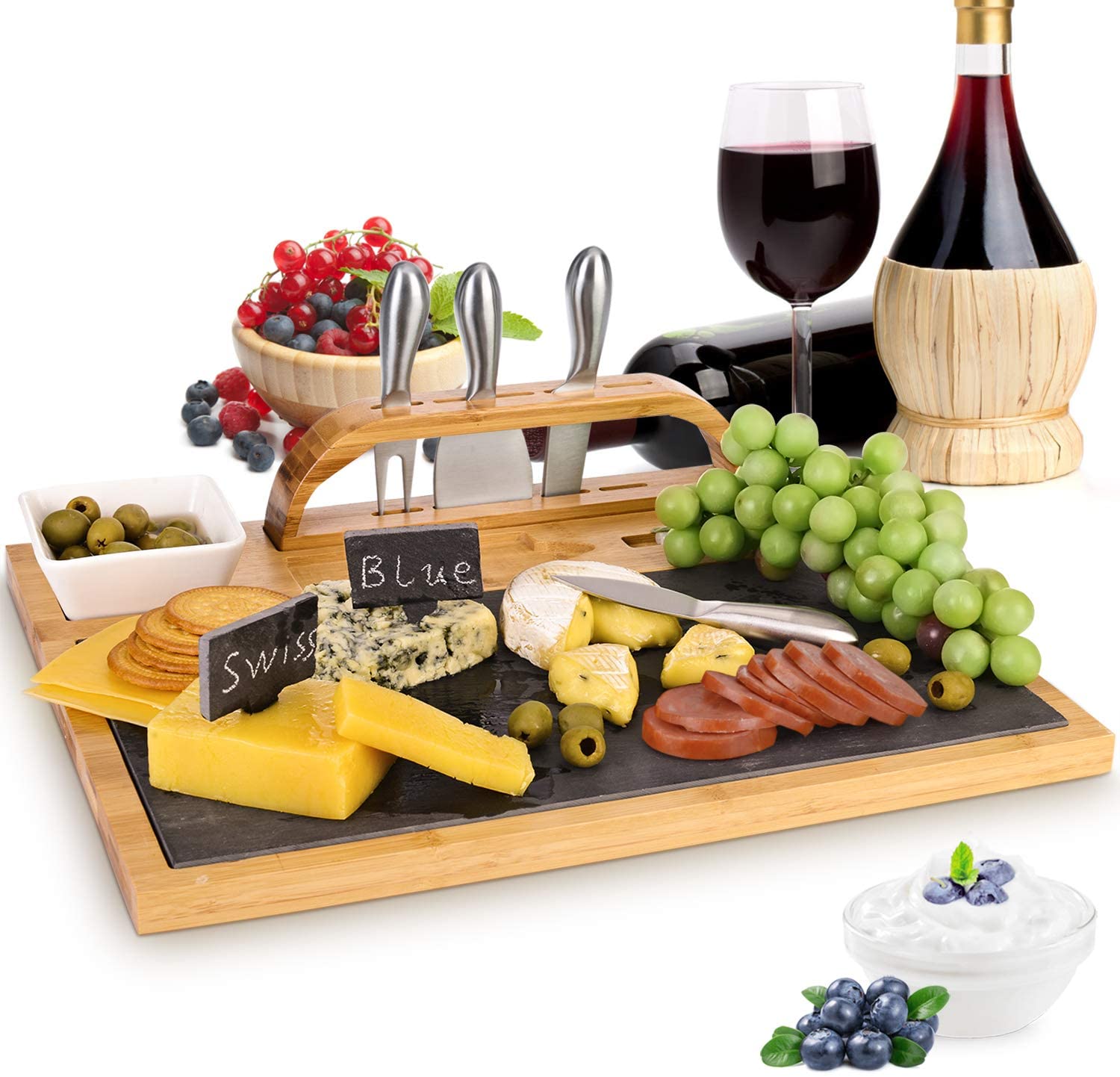 Price:$45.99 Cheese Board and Cutlery Set with Slate Centerpiece and Cheese Markers, 16X13 Inches Charcuterie Board, Cheese Platter, Cheese Plate and Cheese Tray: Cheese Plates