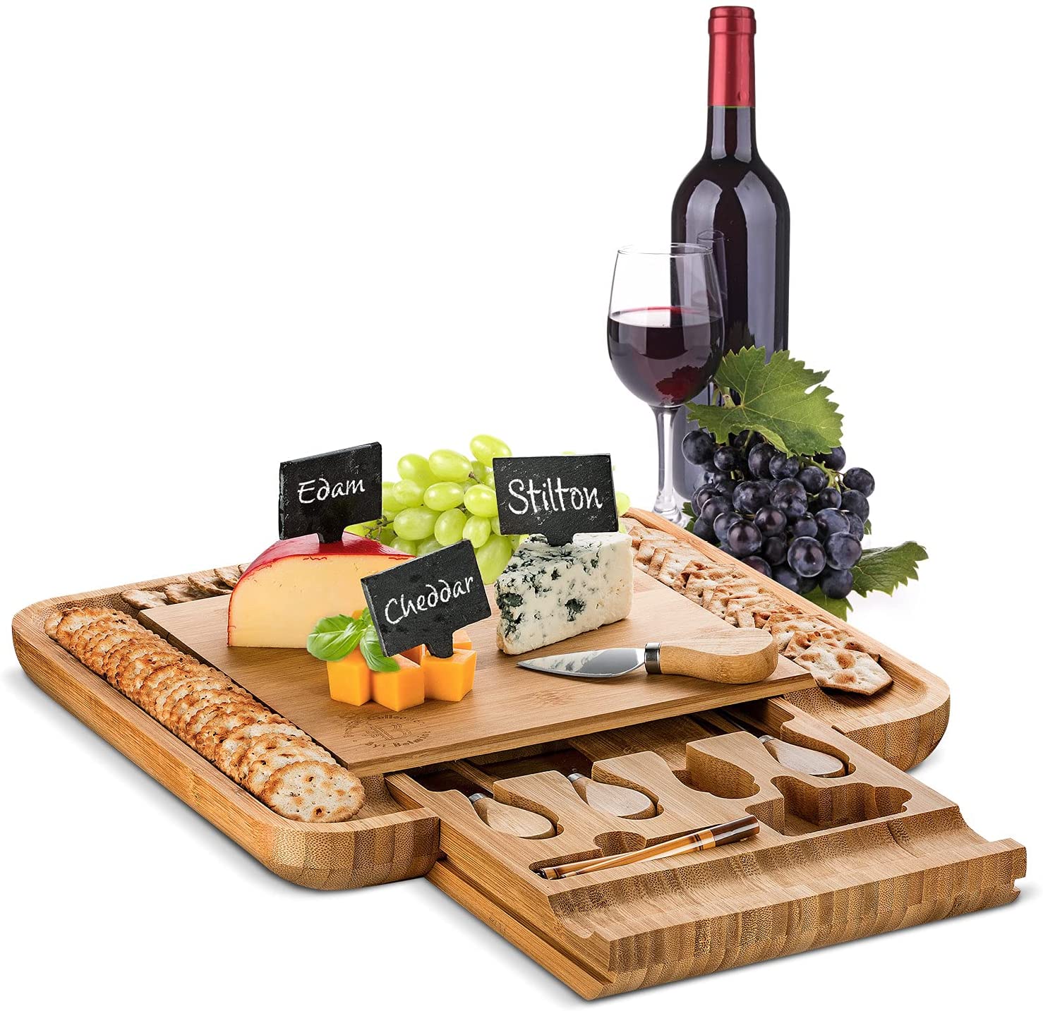 Price:$46.74 Cheese Board Set with Cheese Knives and Utensils - Bamboo Wood Serving Tray with Slide-Out Hidden Drawer and Wide Juice Groves - Charcuterie Platter for Serving Wine, Cheese, Meat, and More: Cheese Plates
