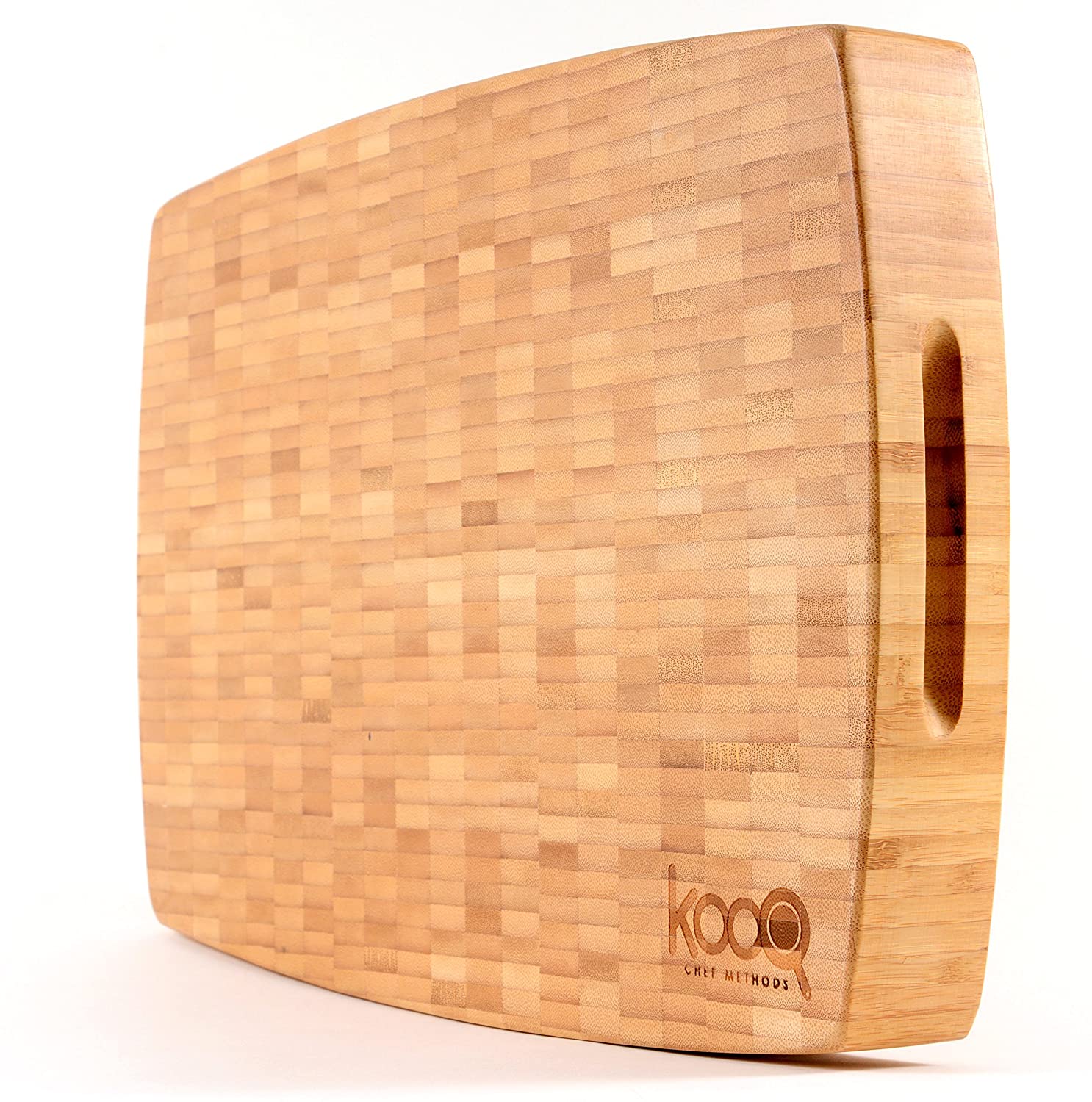Price:$59.99 Extra Large Bamboo Cutting Board with Feet by KOOQ - THE MOST SOPHISTICATED, THICK Chopping and Butcher's Block, Beautiful Cheese Board, perfect as Serving Board too! - (18" x 12" inches): Home & Kitchen