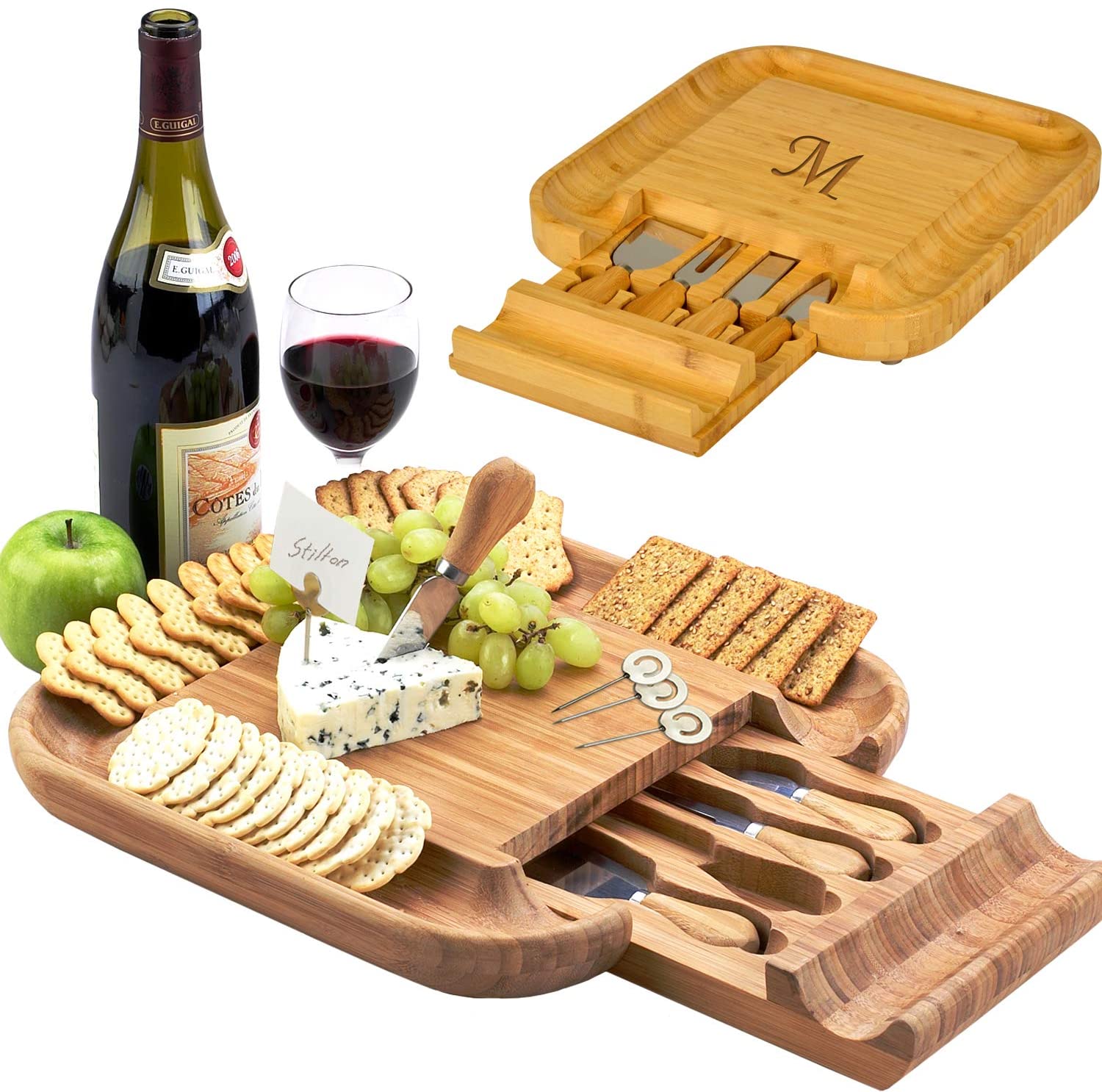 Price:$44.00 at Ascot Personalized Monogrammed Engraved Bamboo Cutting Board for Cheese & Charcuterie with Knife Set & Cheese Markers- Designed & Quality Checked in USA: Home & Kitchen
