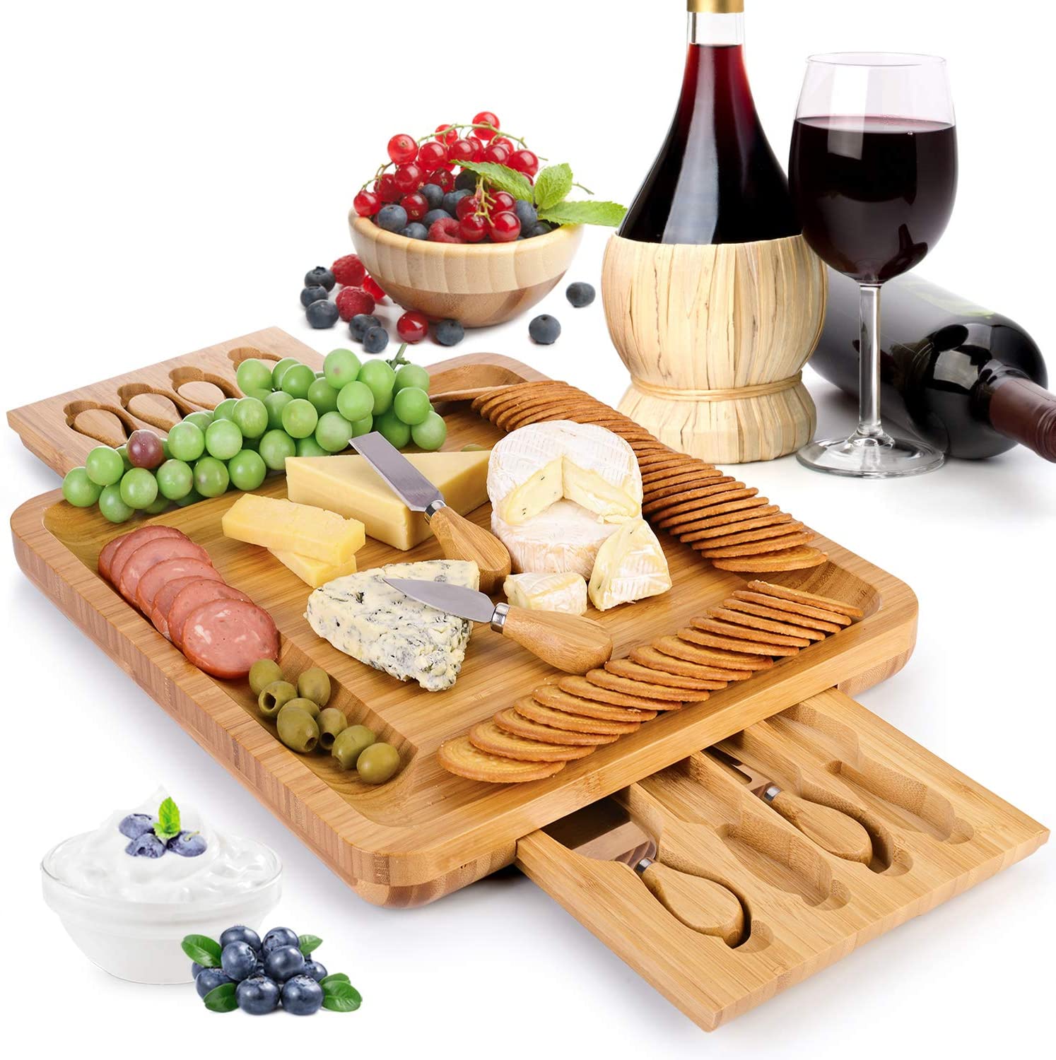 Price:$37.99 Organic Large Bamboo Cheese Board and Knife Gift Set, 16x14 x 2 Charcuterie Board Set, Cheese Platter Wooden Serving Tray with Hidden Drawers, and 8 Stainless Steel Knives: Cheese Servers