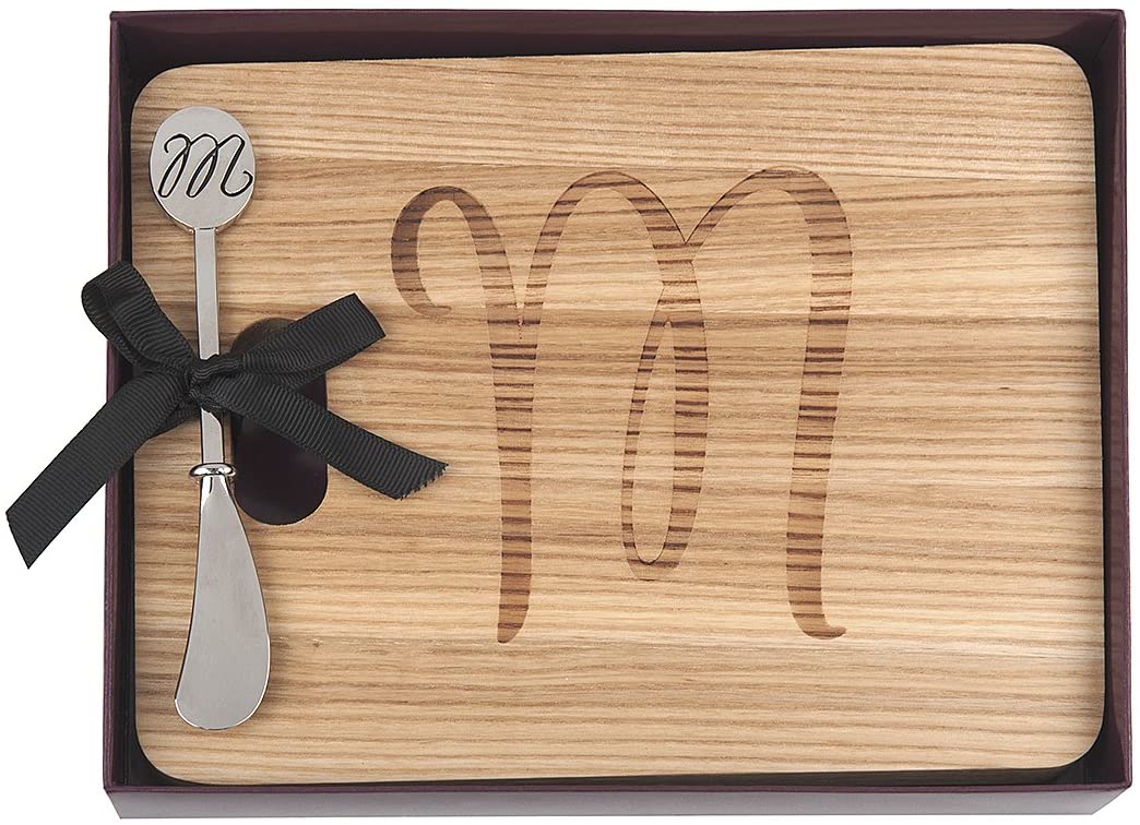 Price:$19.99 Natural Hardwood Fraxinus Mandshurica Foodsafe Cheese Board With Spreader, Initial M: Home & Kitchen