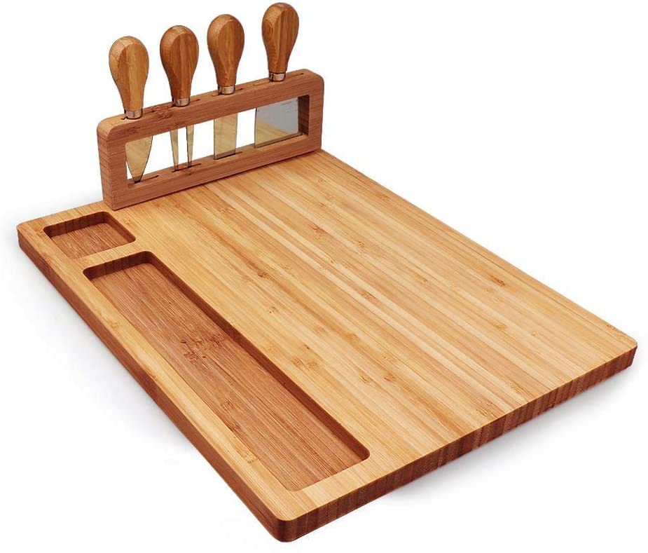 Price:$26.99 Charcuterie Cheese Board Set Serving Tray with 4 Stainless Steel Knife, Excellent Gift for Christmas Wedding Birthday Housewarming: Cheese Plates