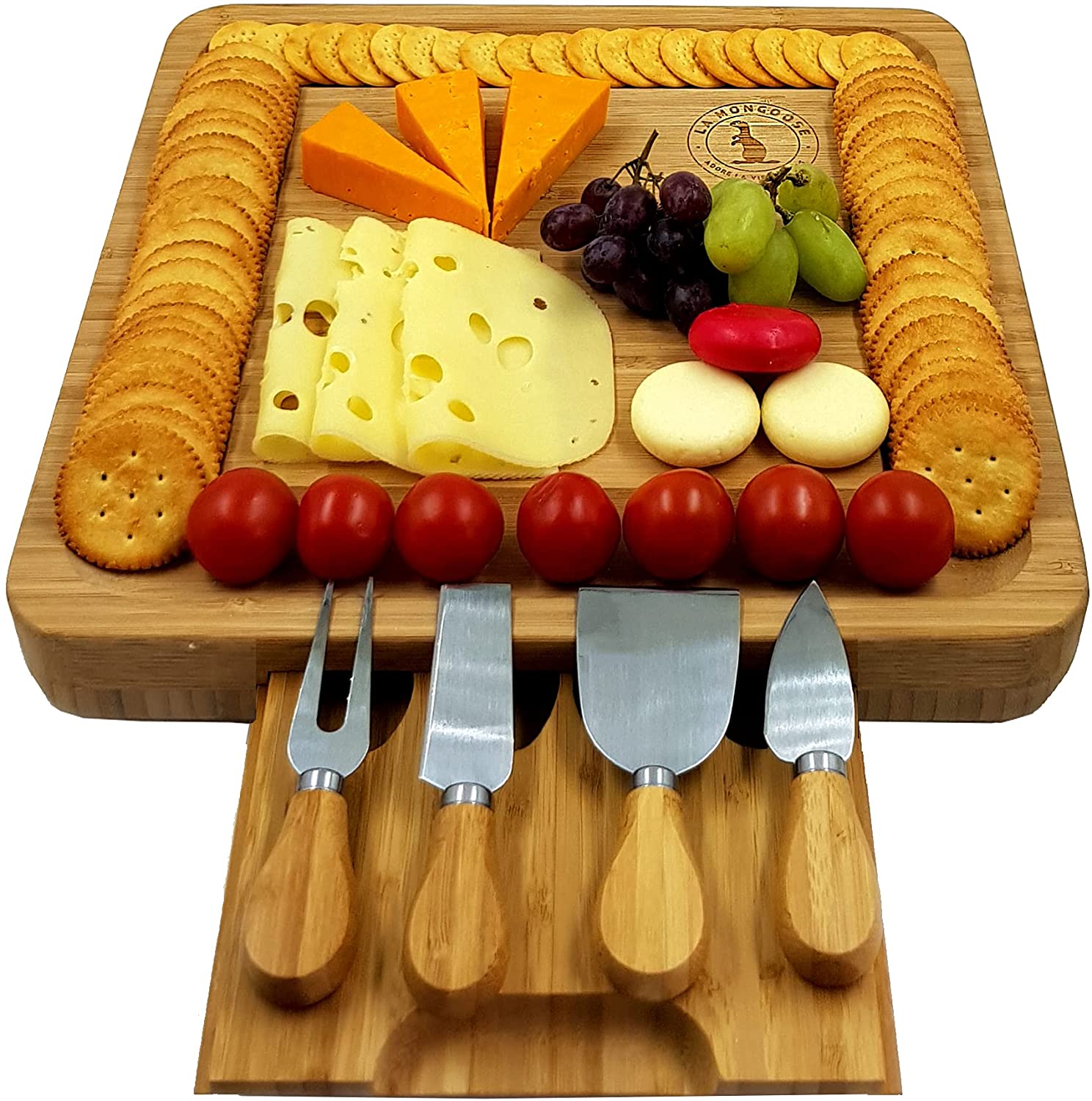 Price:$29.99 Giftable Modern Cheese Board & Cutlery Set Hidden Drawer 4 Stainless-Steel Serving Utensils Cracker Groove Large Square Cutting Plate Natural Organic Bamboo Wood Holidays Serving Dish Platter: Cheese Servers