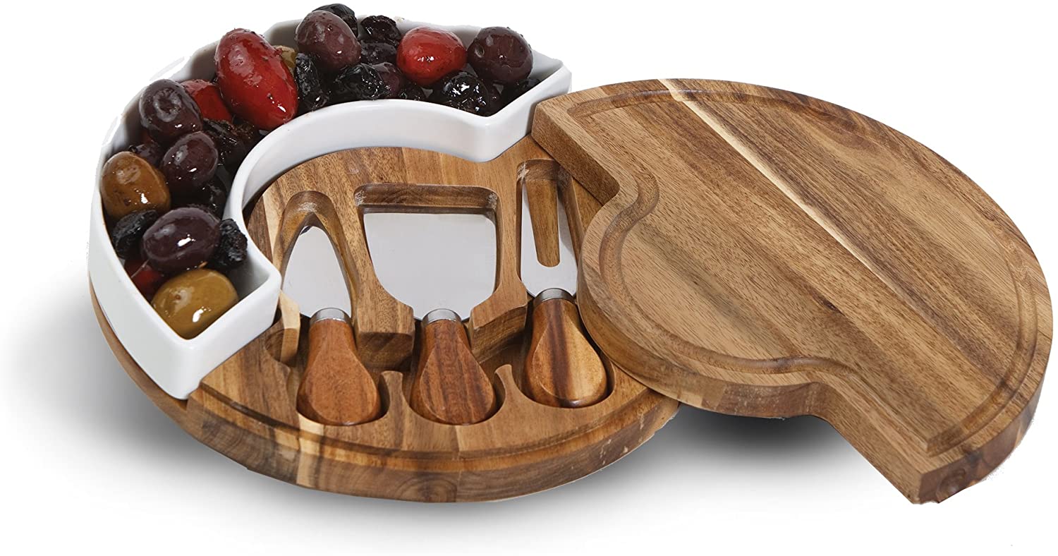 Price:$35.99 Wood Cheese Board with Ceramic Dish Holds Olives, Cheeses, Dips and More Includes 3 Wooden Handle Tools Swivel Top: Cheese Servers