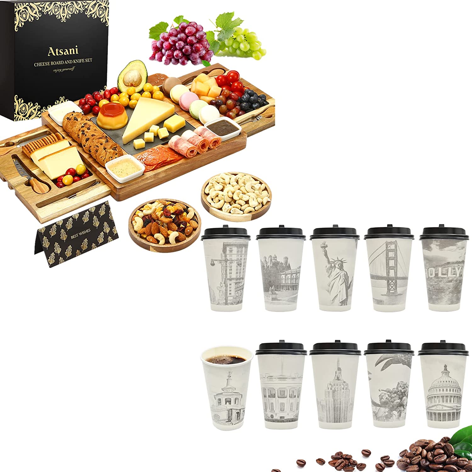 Price:$85.99 Board Set & Knife Set with 100 Pack Disposable Coffee Cups with Lids ,Wood Charcuterie Boards,Tray ,Plates for Charcuterie,Wine, Brie, 16 oz Coffee Cups To Go Paper Coffee Cups: Plates