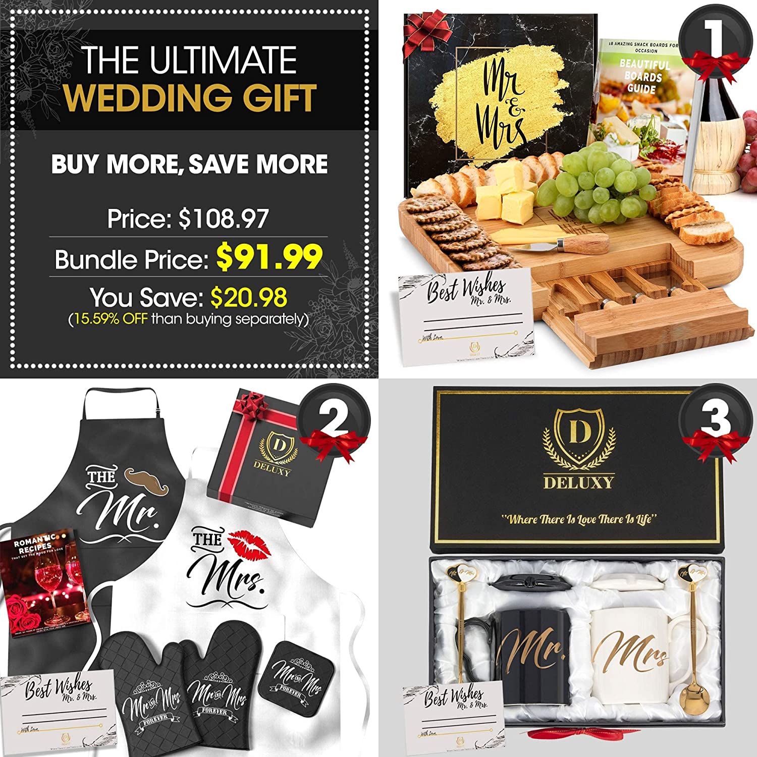 Price:$99.99 Mr & Mrs Wedding Gifts For Couple Bundle - The Ultimate Gift Set, Best Bridal Shower Gifts For Bride, Engagement Gifts For Couples- Coffee Mugs, Aprons, Cheese Board Included…: Cheese Servers