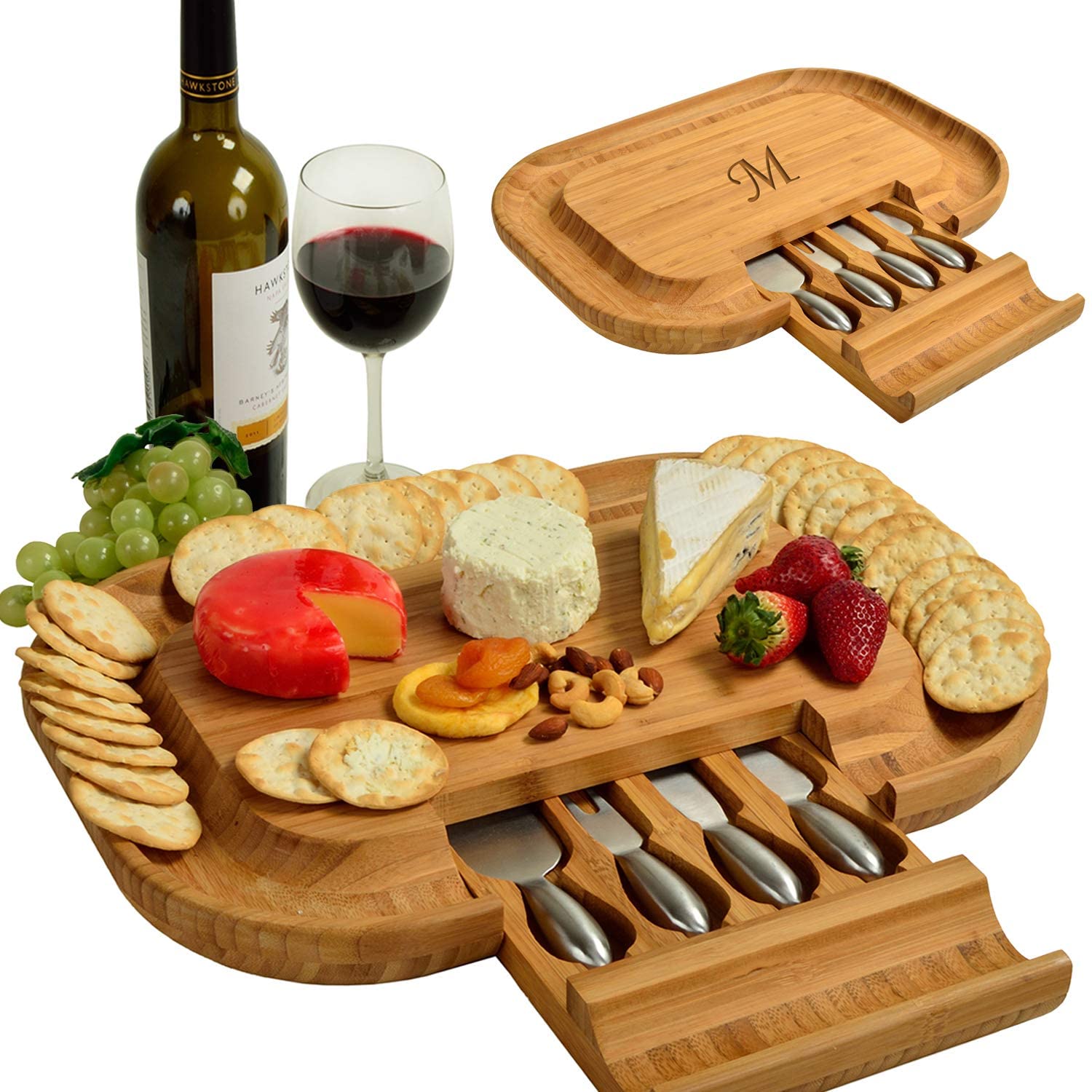 Price:$68.00 at Ascot Personalized Monogrammed Engraved Bamboo Cutting Board for Cheese & Charcuterie - includes Knife Set & Cheese Markers- Designed & Quality Checked in USA: Home & Kitchen