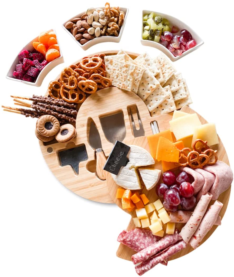 Price:$45.99 Cheese Board Charcuterie Round Serving Platter Set with White Ceramic Bowl and Knife Set Bam N Boo Collection: Platters
