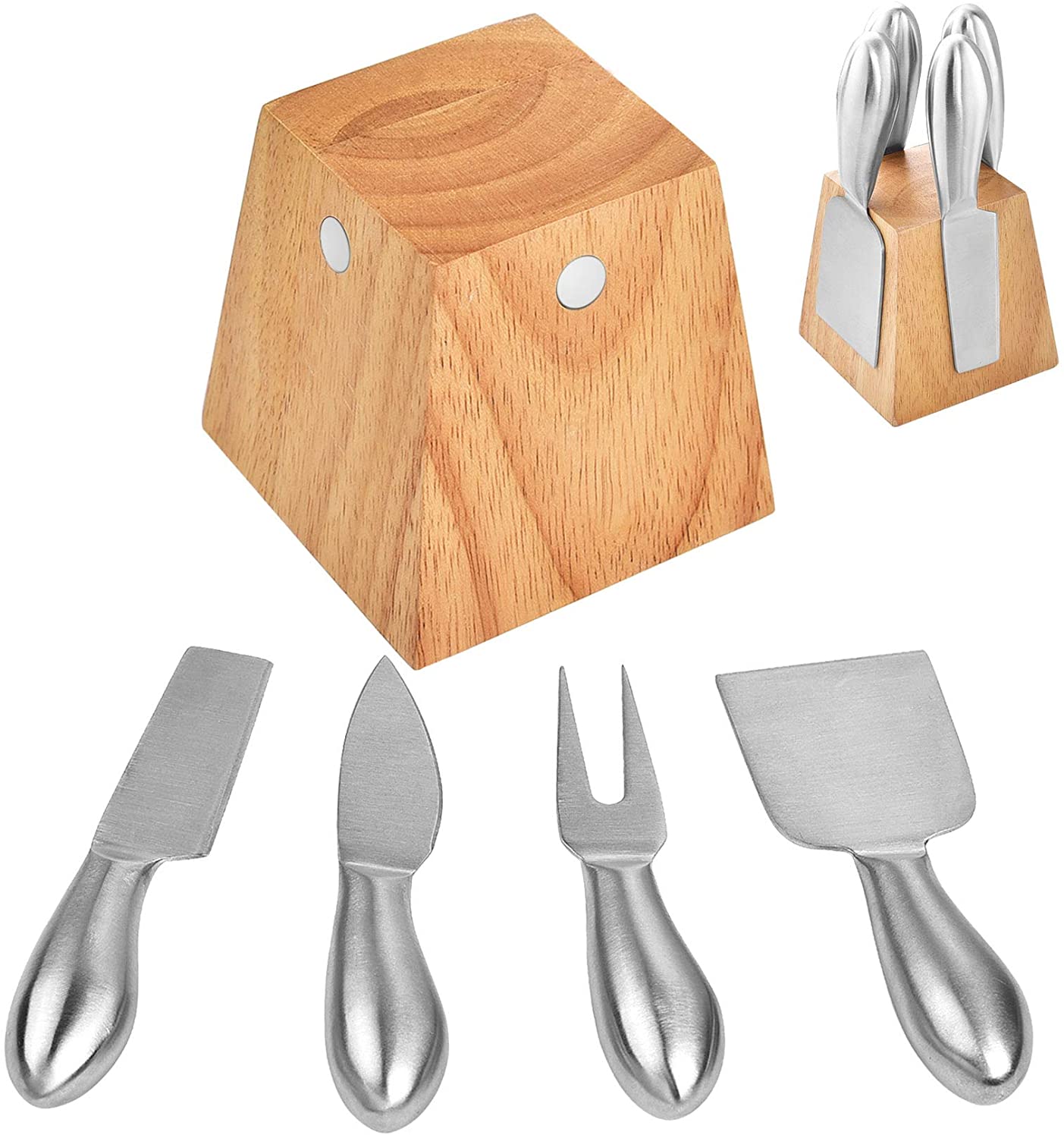 Price:$19.99 Steel Cheese Knife Set with Stand, Set of 4 Pieces Cheese Knives Spreader Slicer Shaver Fork with Wood Holder,Cheese Cutter Set with Magnetic Knife Block for Charcuterie Board (Type 3): Home & Kitchen