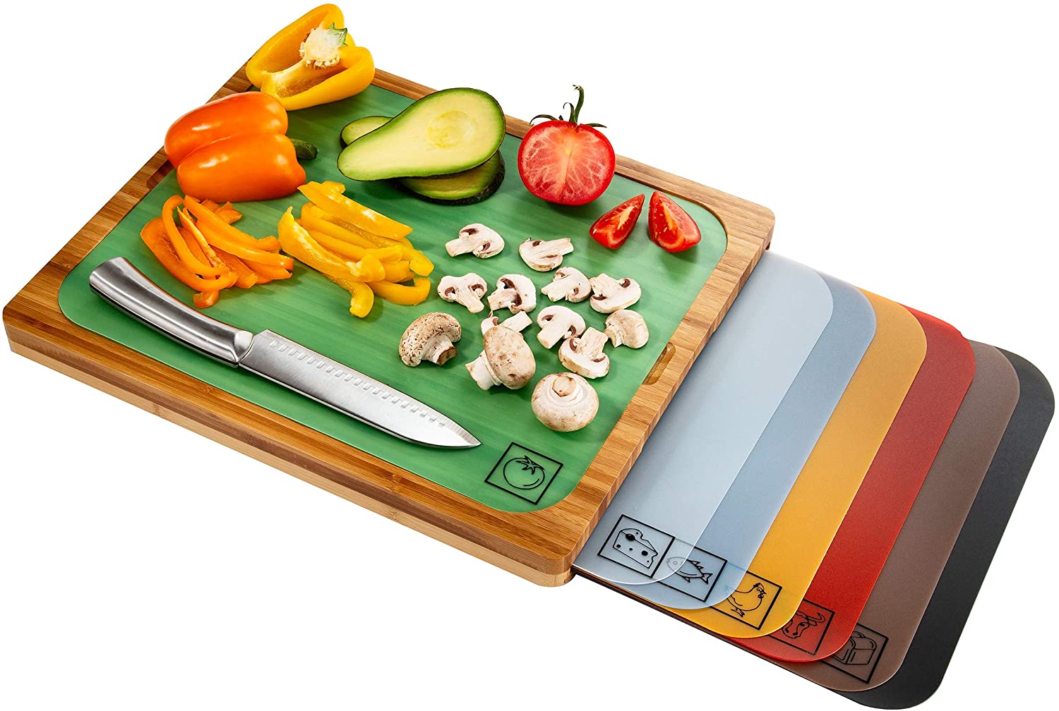 Price:$34.99 Classics Bamboo Eco-Conscious Cutting Board w/ Color-Coded Mats BPA-Free Plastic for Kitchen Bread, Fish, Poultry, Beef, Cheese, Vegetables, Bamboo, 7 Colors: Home & Kitchen