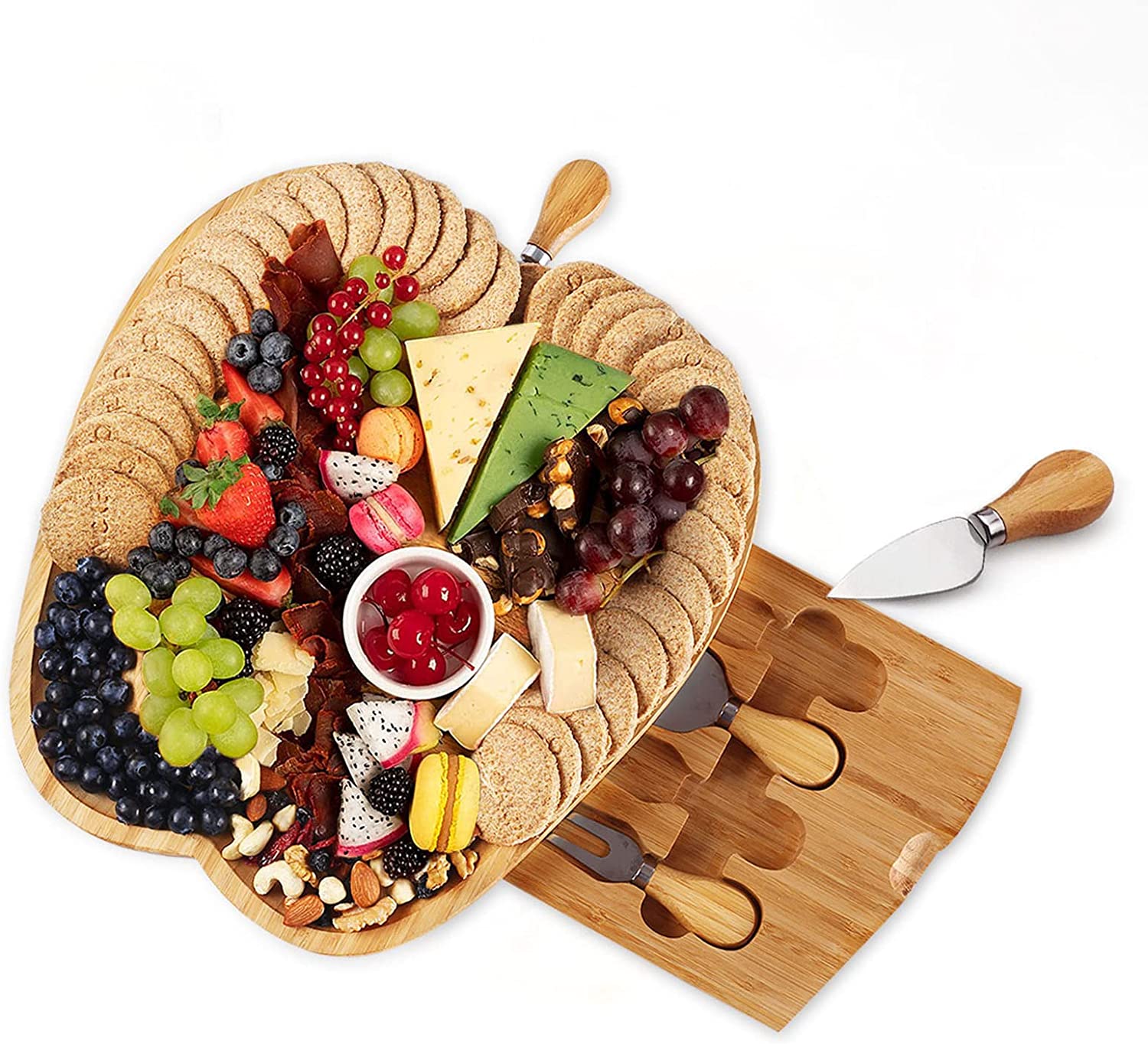 Price:$39.99 Bamboo Apple Cheese Board Set with Knives Cheese Servers Charcuterie Platter Serving Tray Gifts for Housewarming, Wedding, Bridal Shower, Birthday, Thanksgiving Day, Christmas: Cheese Plates