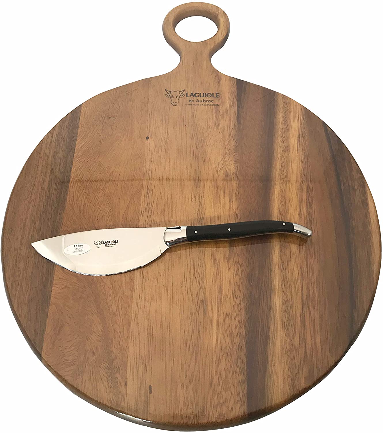 Price:$129.95 en Aubrac Round Solid Maple Pizza Wood Cutting Board for Serving, Chopping or Charcuterie Platter, 35cm / 14-Inch With Pizza Cutter, Ebony Handle: Home & Kitchen