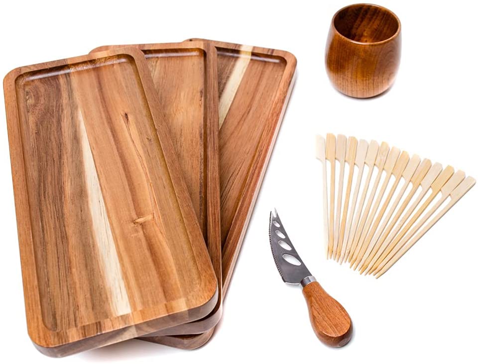 Price:$34.97 Serving Wooden Platters Set of 3, Trays of Natural Acacia Wood with Edge, Extra Cheese Knife, Rustic Jujube Cup, 15 Paddle Bamboo Pick Skewers: Platters