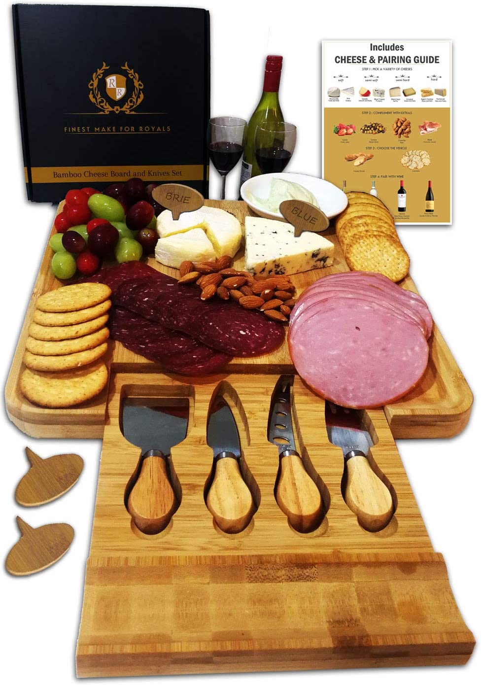 Price:$34.90 Royals Cheese Board Set, Charcuterie Board, Cheese Cutting Plate, Bamboo Serving Tray with Cutlery Knives in Drawer, Big Meat Cracker Wood Platter Plate PLUS Large Space, Magnetic Safety Lock: Cheese Plates