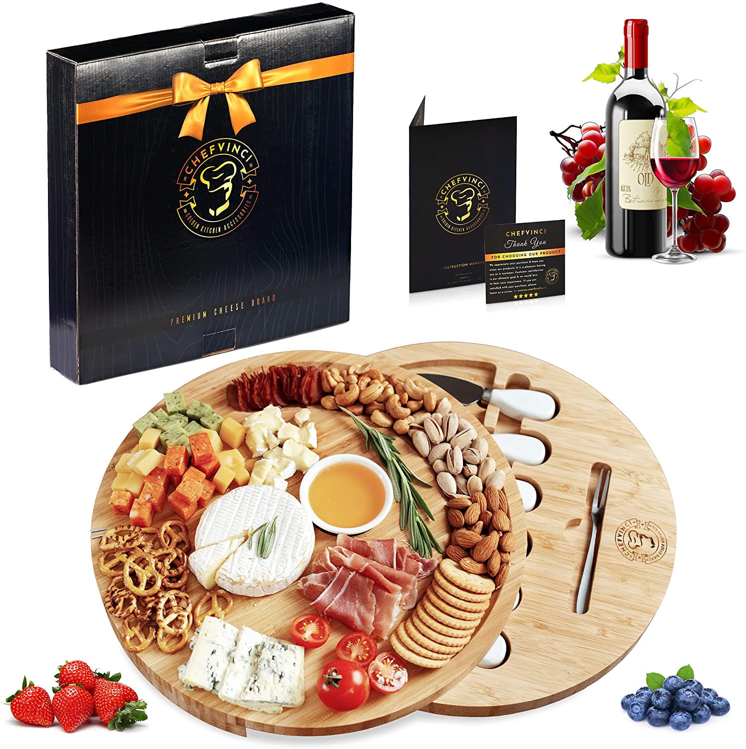 Price:$44.99 Cheese Board and Knife Set – Premium Wooden Charcuterie Board with Ceramic Dipping Bowl, 6 Stainless Steel Charcuterie Knives, 4 Appetizer Forks – 13 inches Cheese/Meat Serving Platter Tray: Cheese Servers