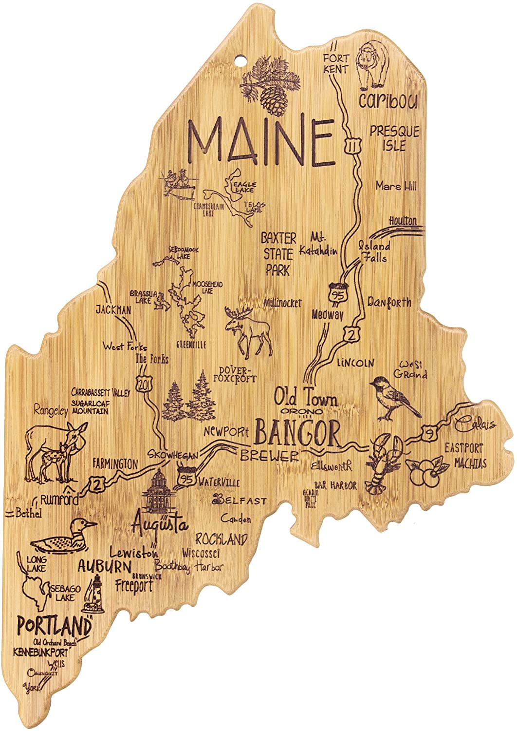 Price:$29.99 Bamboo Destination Maine State Shaped Serving and Cutting Board, Includes Hang Tie for Wall Display: Home & Kitchen
