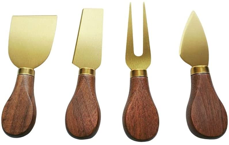 Price:$17.99 COSIE Set of 4 Gold Cheese Knives with Walnut Wood Handle, Modern Elegant Stainless Steel Set of 4 Walnut Cheese Knives with Canvas Bag: Home & Kitchen