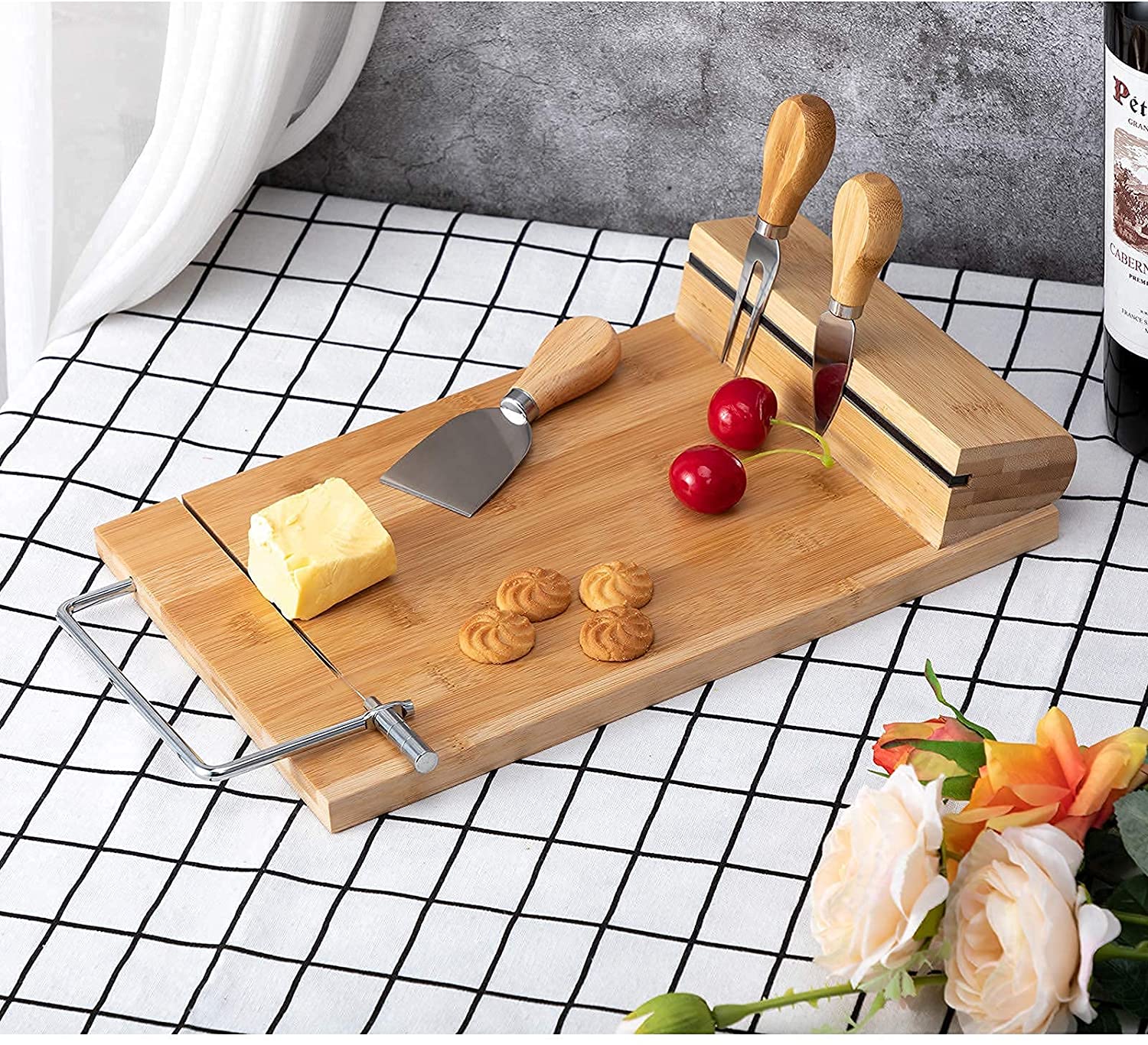 Price:$25.89 Bamboo Cheese Board Set, A Magnetic Knife Holder Containing 3 Stainless Steel Knives, Used For Cheese Fruit And Charcuterie Platter, Natural (12.6" 8.3"): Home & Kitchen