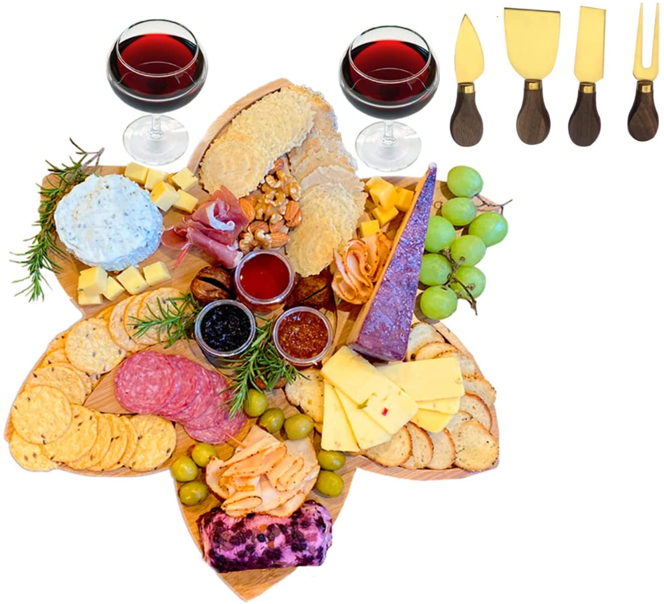 Price:$54.95 GREEN Large Bamboo Charcuterie Board Set, Cheese Board Serving Tray in Lotus Design with Black Walnut Knife Set - Gift for Holidays, Housewarmings, Birthdays, Weddings: Cheese Plates