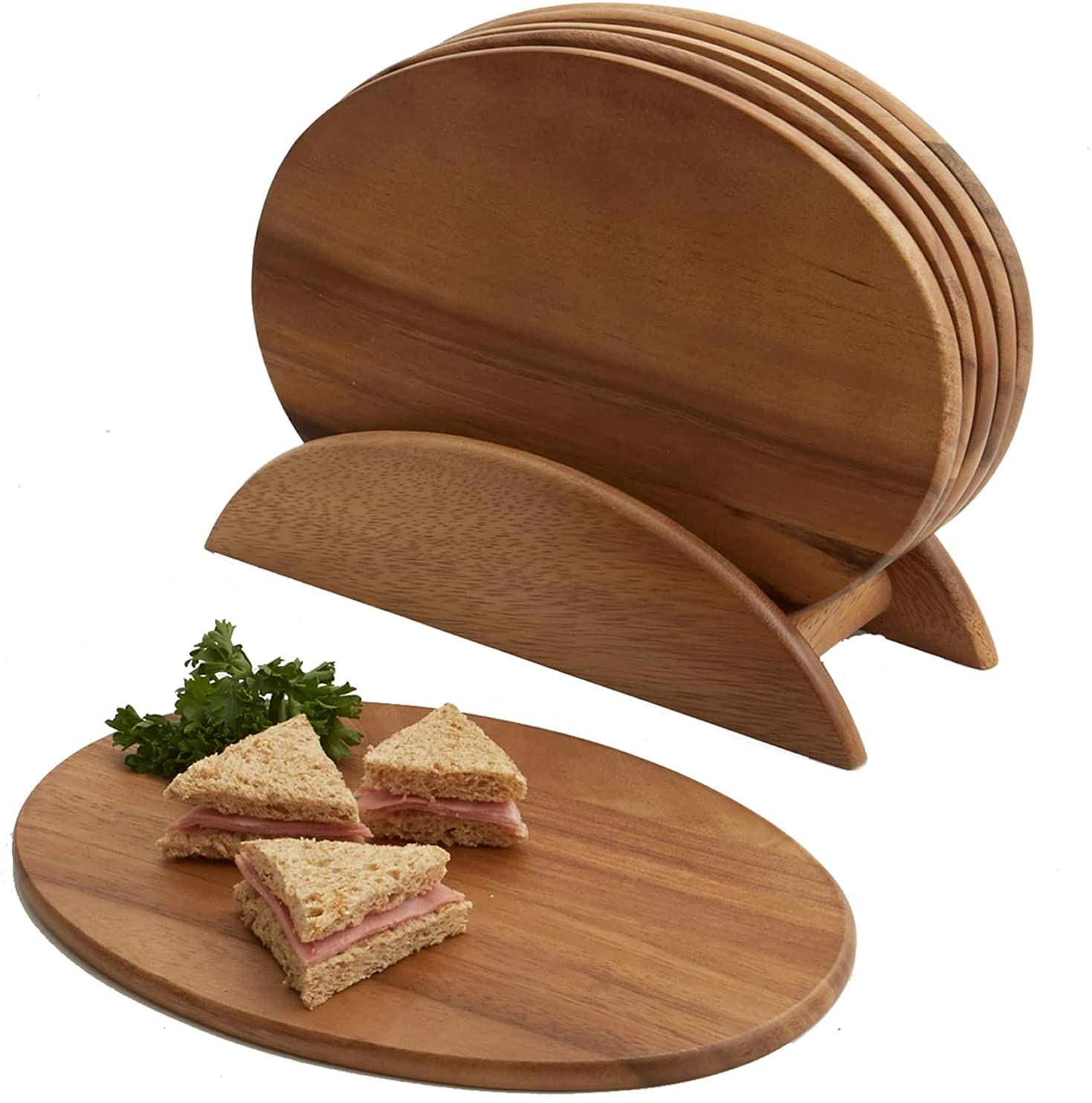 Price:$43.99 Acacia Wood Serving Boards with Stand, Perfect for Serving, Sushi, Cheese, Hors d'oeuvre, Charcuterie, Sandwiches by Woodard & Charles, 7 Piece Set, 9 1/2" x 1/2": Cheese Plates