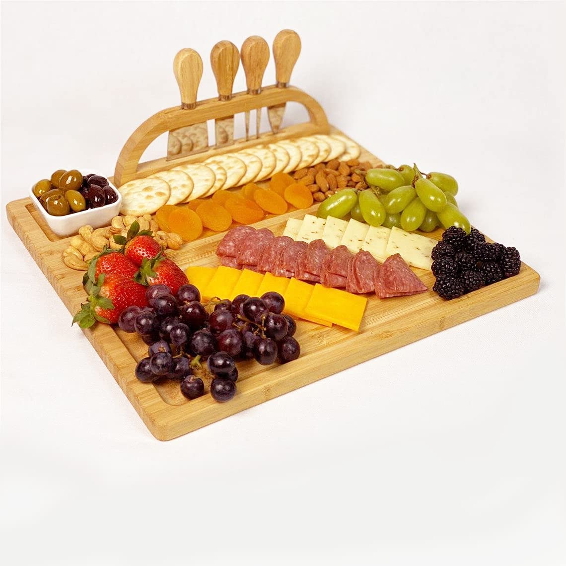 Price:$29.99 Bamboo Cheese Board and knife Set, Charcuterie Platter Serving Tray, cutlery Premium Cutting Board, Entertaining Gift Men Women Birthdays Wedding Housewarming Party Anniversary, 13.5 x 14.5: Cheese Plates