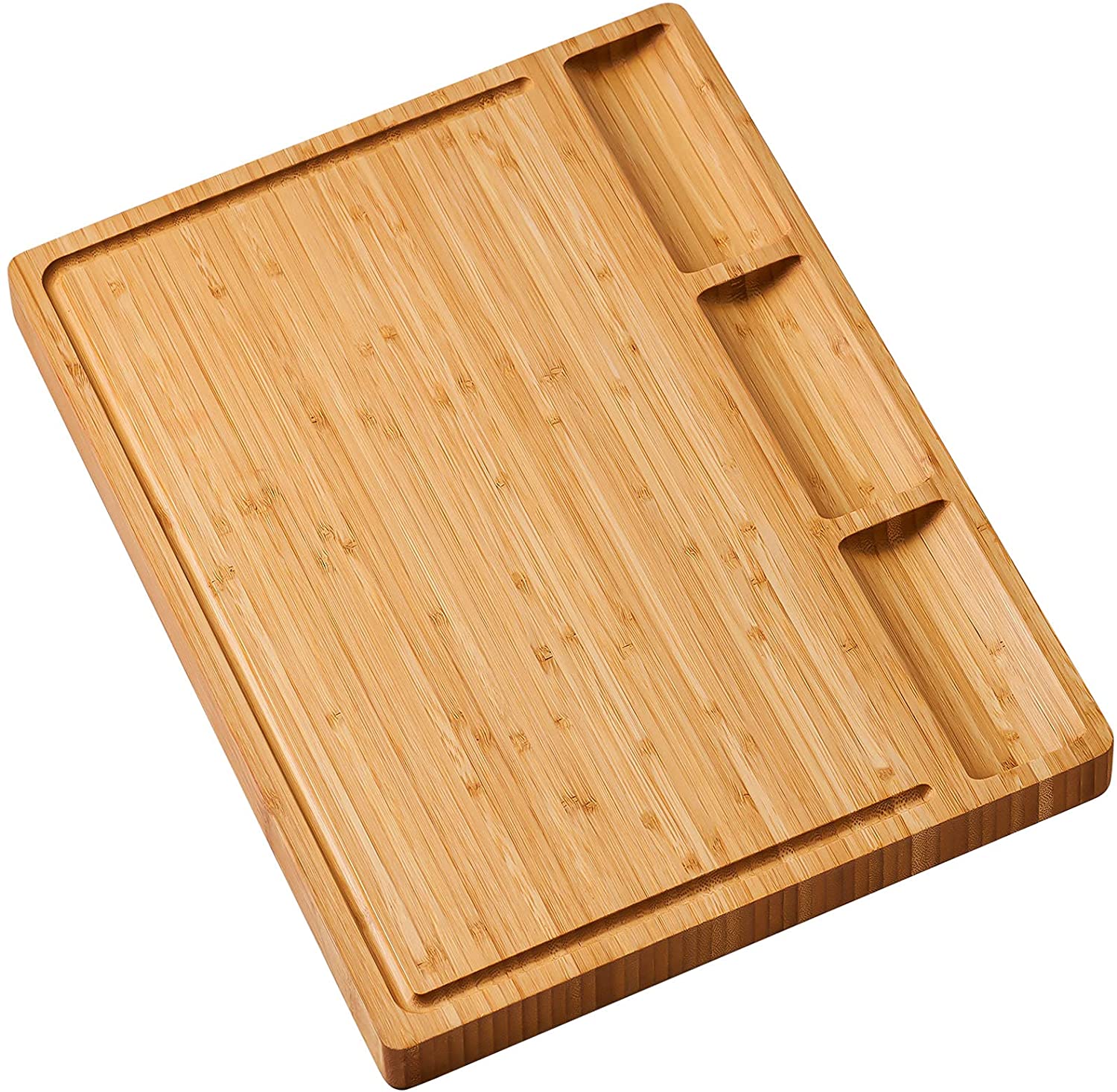 Price:$13.99 Bamboo Wood Cutting Board for Kitchen, Butcher Block, Chopping Cheese Carving Board, Serving Tray with 3 Built-In Dividers And Juice Grooves (17x12.6x0.62 Inch): Home & Kitchen