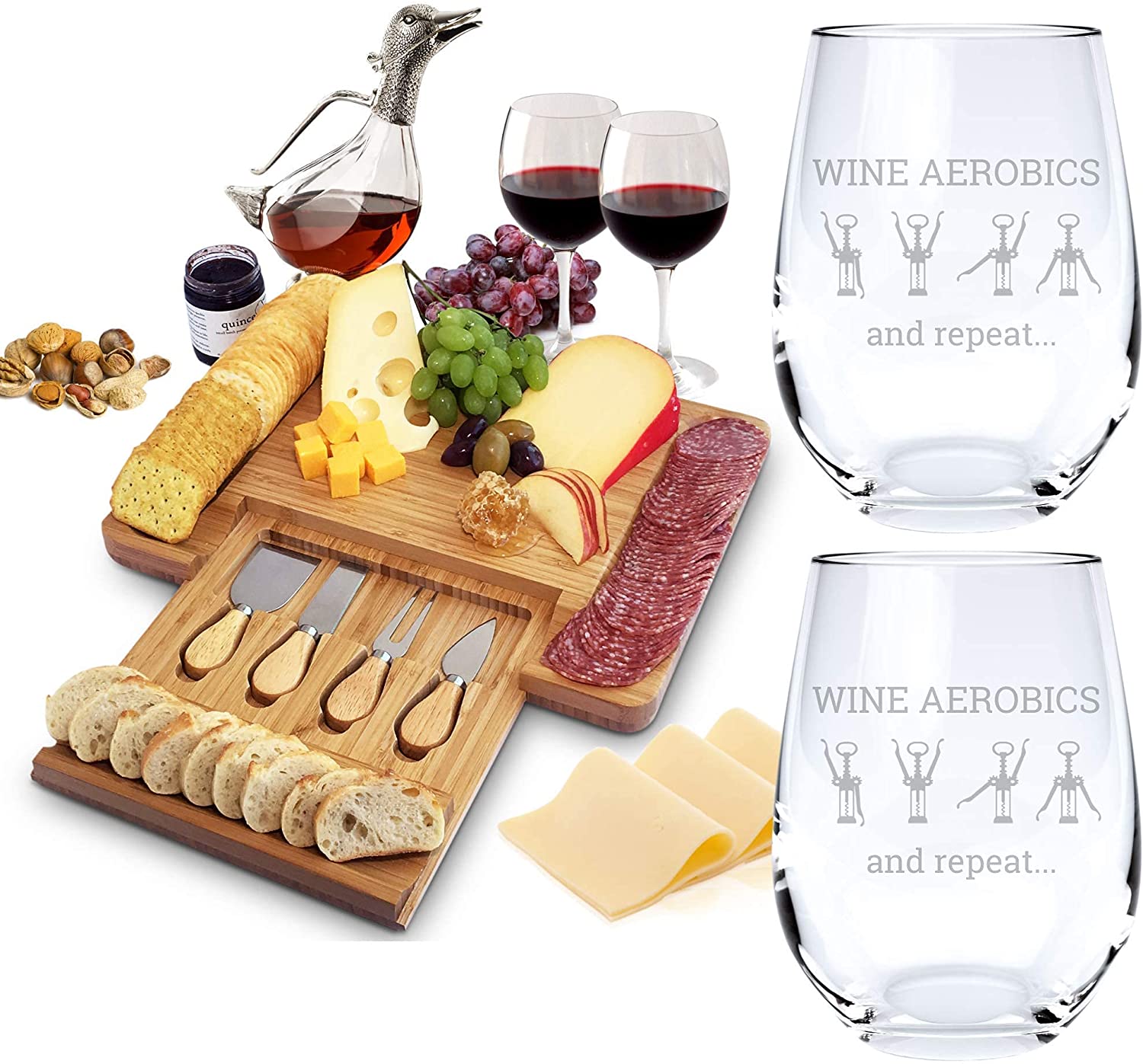 Price:$52.99 Euphoria Natural Bamboo Cheese Board and Cutlery Set with Slide-out Drawer and 2 Wine Aerobics Wine Glasses. Thoughtful Christmas, Wedding & Housewarming Gifts: Cheese Plates