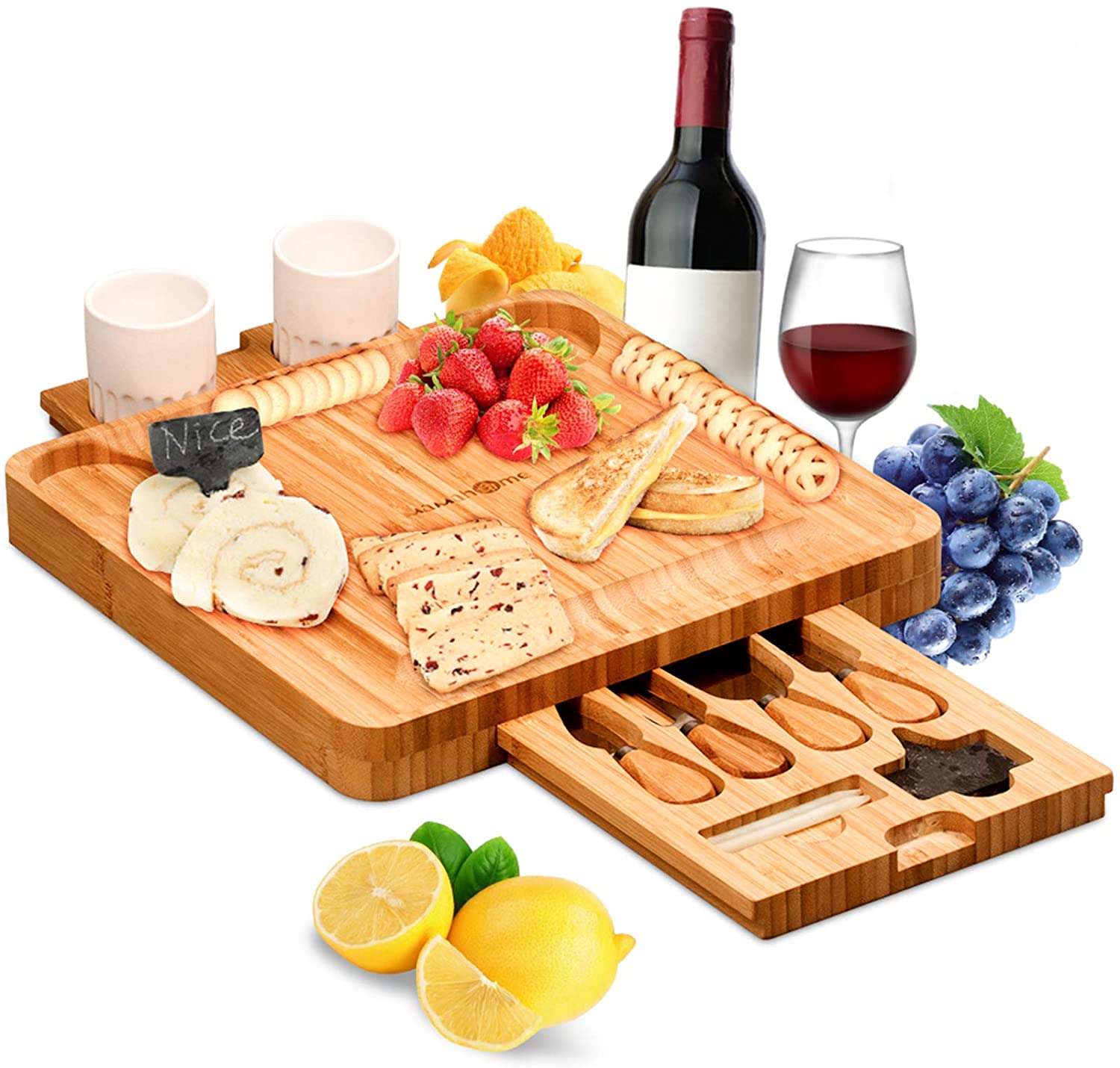Price:$29.99 Bamboo Cheese Board Set, Charcuterie Board Platter and Knife Set, Hidden Sliding Drawer for Birthday Party Housewarming Bridal Shower Wedding Couple Gift (Style 1): Cheese Plates
