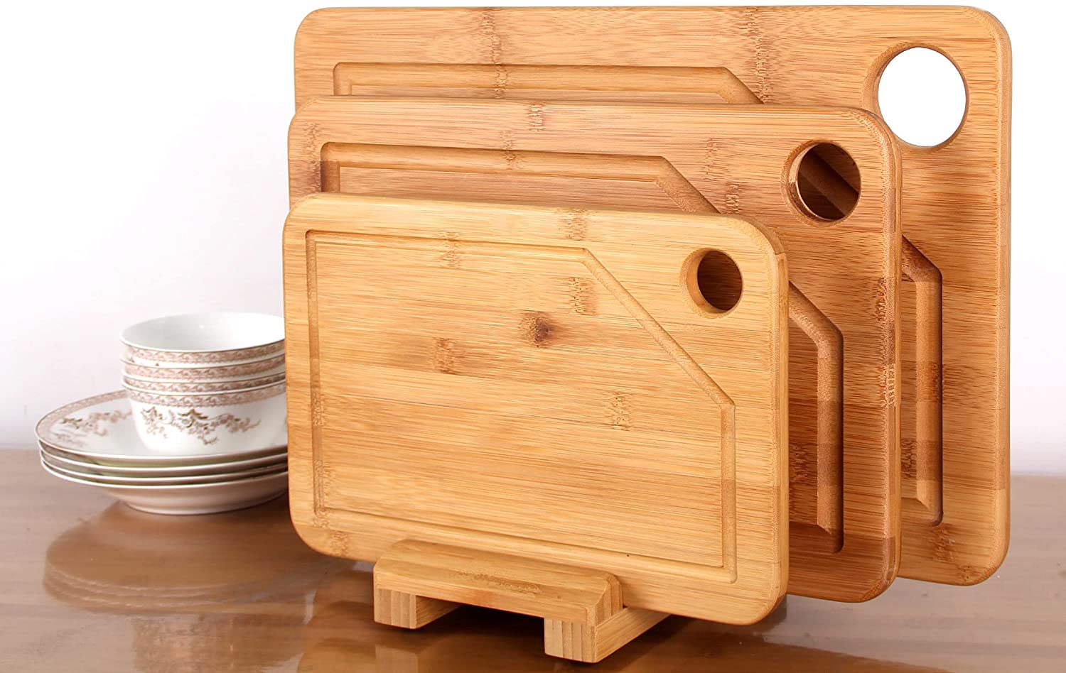 Price:$39.95 Bamboo Cutting Board Set with Juice Groove (Set of 3 with Holder) – Extra Large Thick Chopping Board Set for Meat, Cheese, Fruit and Vegetables: Home & Kitchen