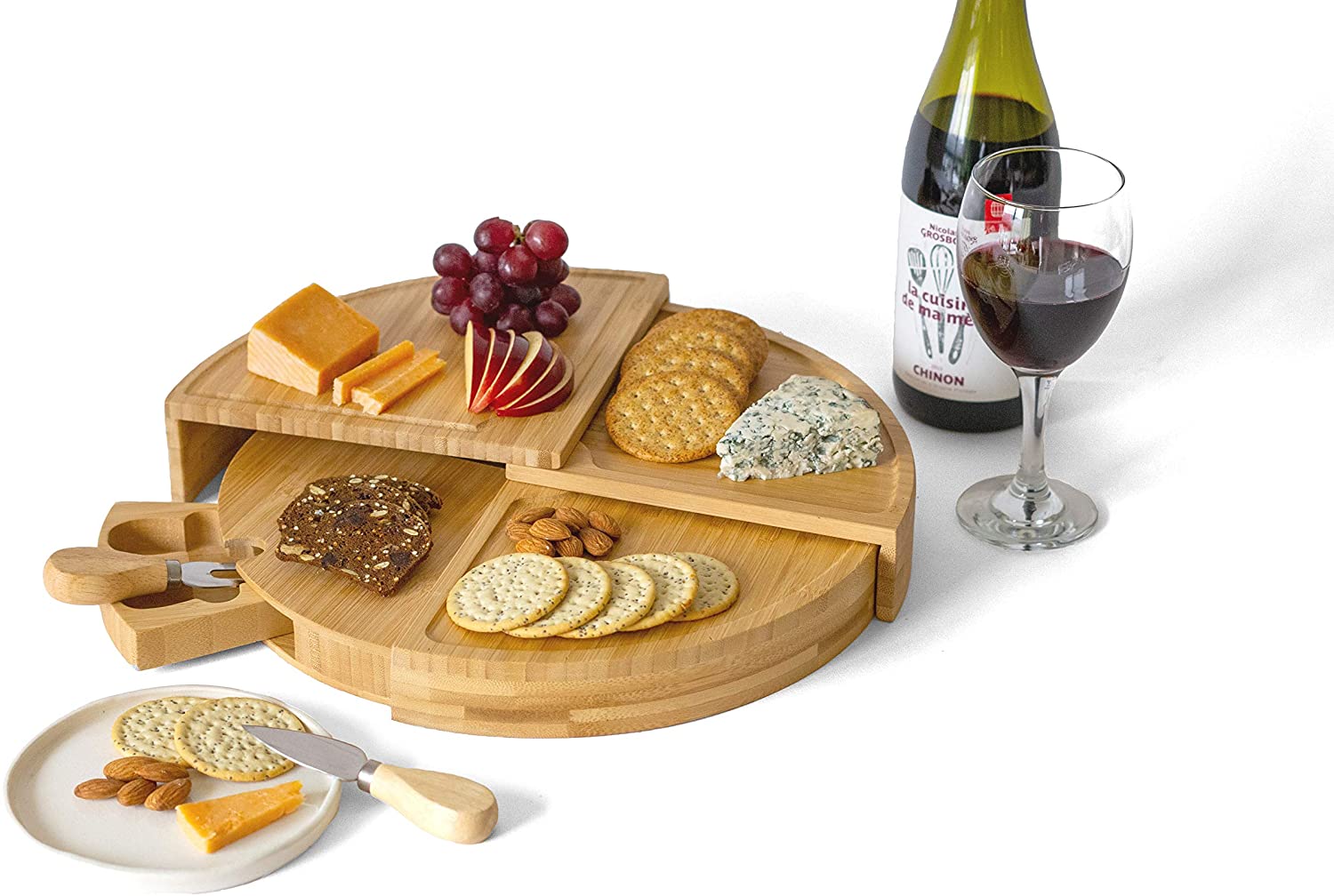 Price:$34.99 Bamboo Cheese Board Set with Drawer Wooden Charcuterie Tray Cheese Platter - Great for Cheese Plates, Meat & Cheese Board - Ideal Gift for Christmas, Birthdays, & Wedding : Home & Kitchen