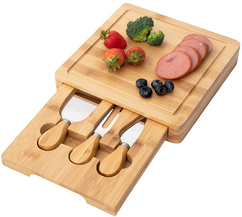 Price:$21.99 Board Knife Set Charcuterie Boards Set Board Tray with Drawer - 1 Bamboo Board, 3 Knives - for Housewarming Christmas : Home & Kitchen