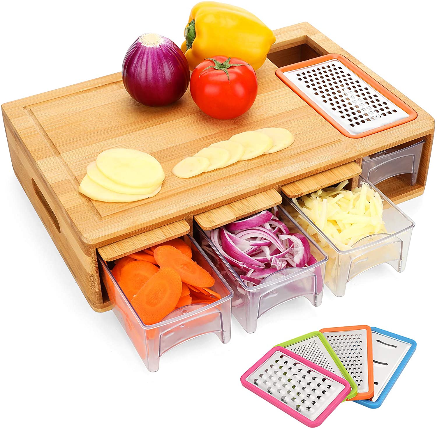 Price:$58.99 Bamboo Cutting Board with Drawers, Large Chopping Board with Juice Grooves, Easy-Grip Handles & Food Sliding Opening, Carving Board with Trays for Food Storage, Transport and Cleanup: Home & Kitchen
