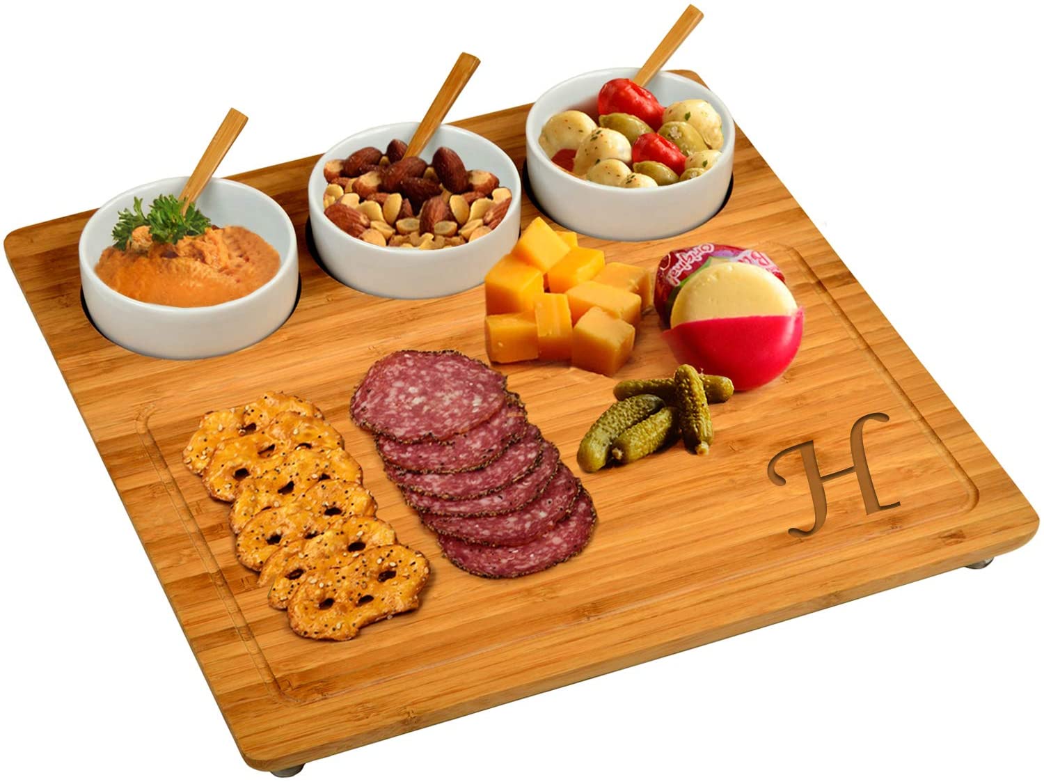 Price:$39.00 at Ascot Original Personalized Monogrammed Engraved Bamboo Cutting Board for Cheese & Charcuterie with 3 Ceramic Bowls & Bamboo Spoons- Designed & Quality Checked in the USA: Cheese Plates