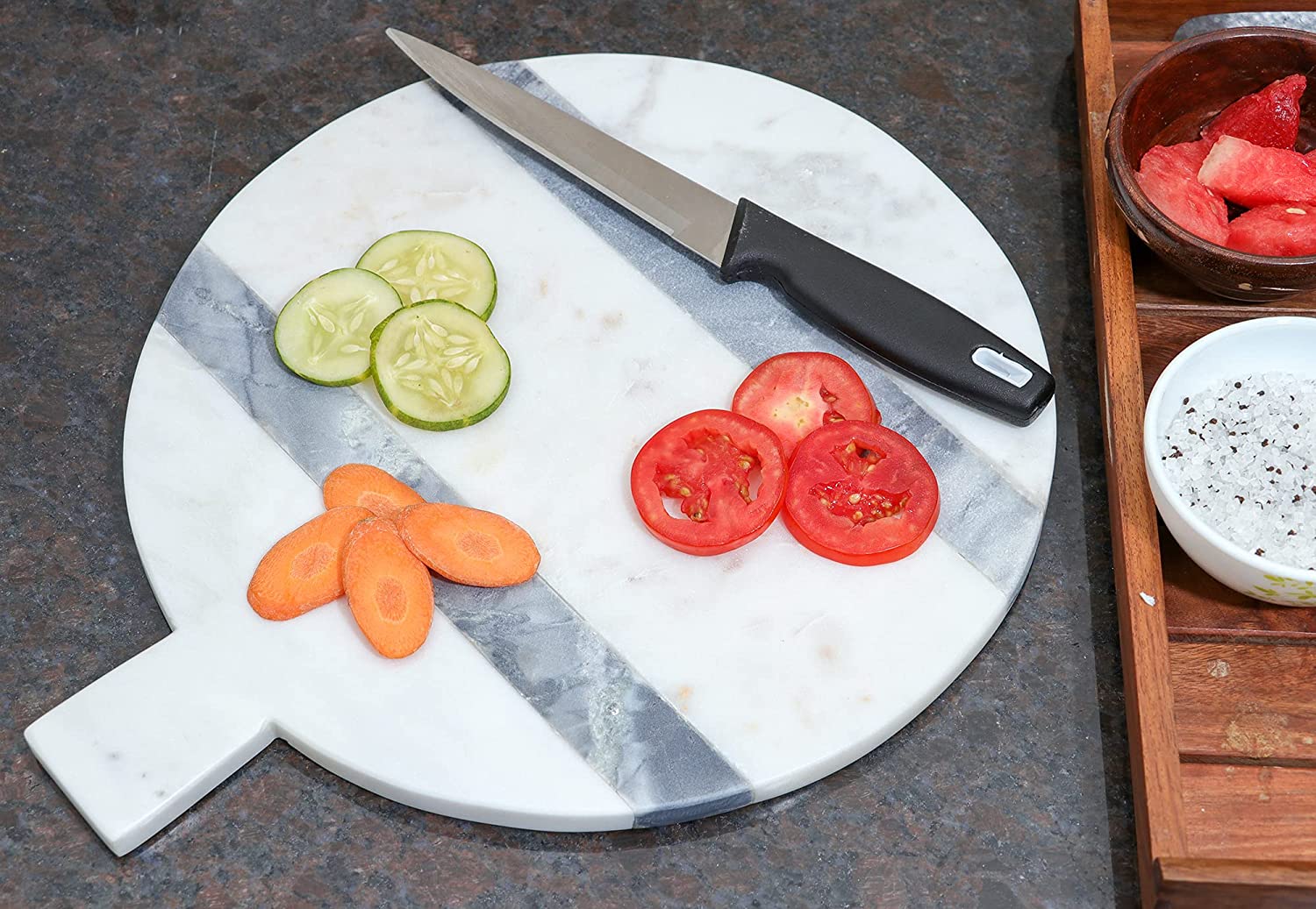 Price:$47.97 Natural White And Green Marble Chopping Board Round Shape Champagne Marbles Cutting Board Stylish Stone Cheese Board For Home And Kitchen Great Gift For Cooking Lover Size- Lx36, Wx30Cm: Home & Kitchen