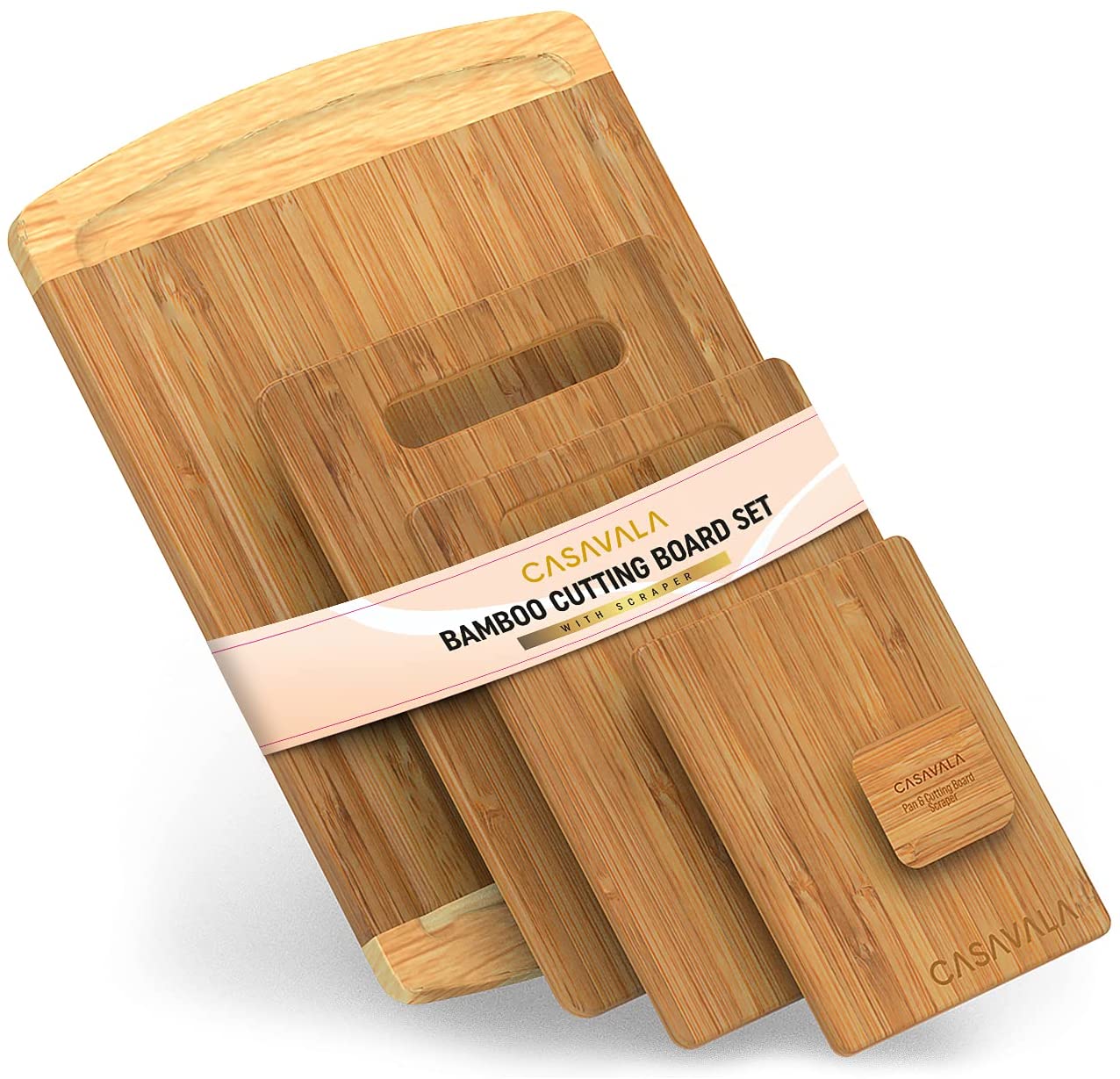 Price:$21.96 Bamboo Cutting Board [5 Piece Set] With A Bamboo Pan & Board Scraper - Natural Wood Non-Slip Kitchen Chopping Board With Juice Groove & Handles- Cutting Mat For Meat, Veggies & Cheese: Home & Kitchen