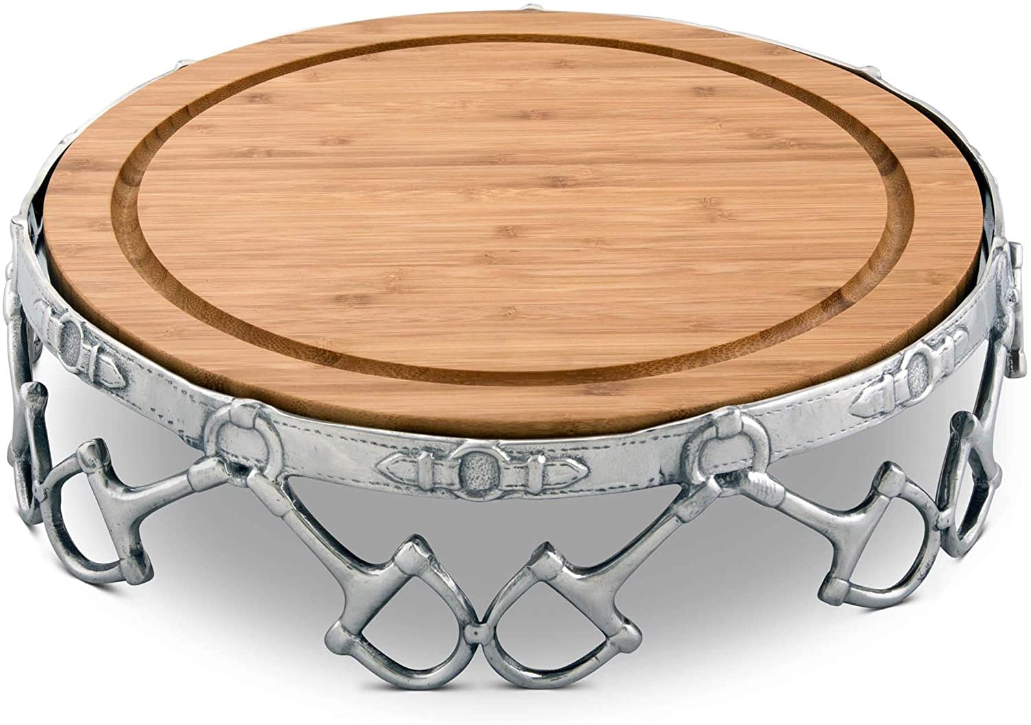 Price:$144.99 Court Aluminum Alloy Equestrian D-Ring Pattern Pedestal Cheese / Cake Stand with Removable Acacia Board 13 Inch Diameter: Platters