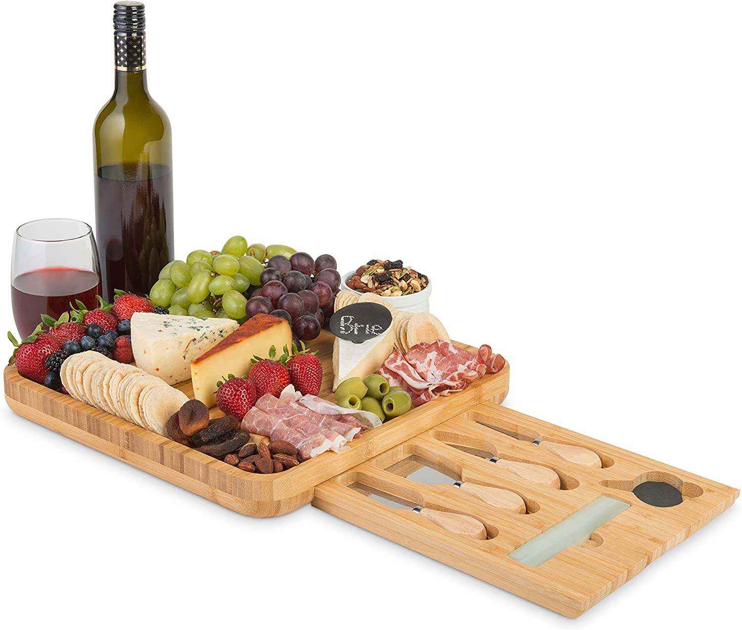 Price:$49.98 Nest Bamboo Cheese Board and Knife Set with Drawer, Slate Labels, Marker and Travel Bag - Charcuterie Board Cheese Platter Great Gifts for Wine Lovers, Bridal Shower, Wedding or Housewarming: Cheese Plates