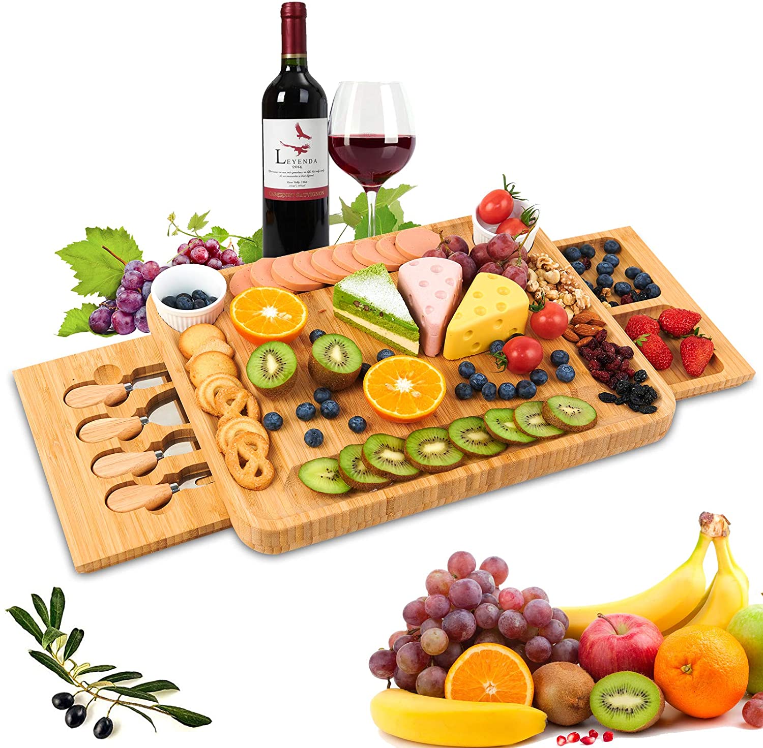 Price:$43.99 Board and Knife Set, Serving Platter with Drawer, Charcuterie Board Set, Bamboo Board with Cutlery Set, Perfect for Housewarming Gift, Thanksgiving, Wedding, Birthday: Plates