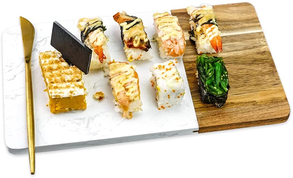 Price:$39.99 Marble and Acacia Wooden Cheese Board for Meats Breads Charcuterie Rectangular Cutting Serving Board -11" Marble Slab Pastry Board: Cheese Plates
