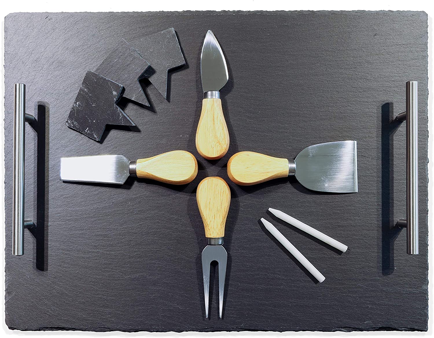 Price:$34.99 - Products Slate Cheese Charcuterie Board Set - 10 Piece Serving Tray 16" X 12.2" with Stainless Steel Handles - Includes Soapstone Chalk, 3 Slate Cheese Markers and 4 Cheese Knives : Home & Kitchen