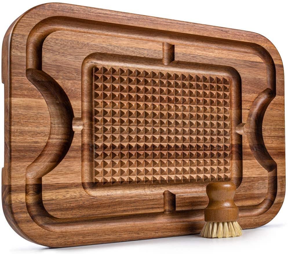Price:$63.95 Acacia Wood Cutting Board | Premium Butcher Block for Carving Meat w/ Deep Juice Grooves, Non Slip Spikes, Reversible Design for Slicing, Chopping & Serving | Christmas Holiday Gift | 12x16x1.5": Home & Kitchen