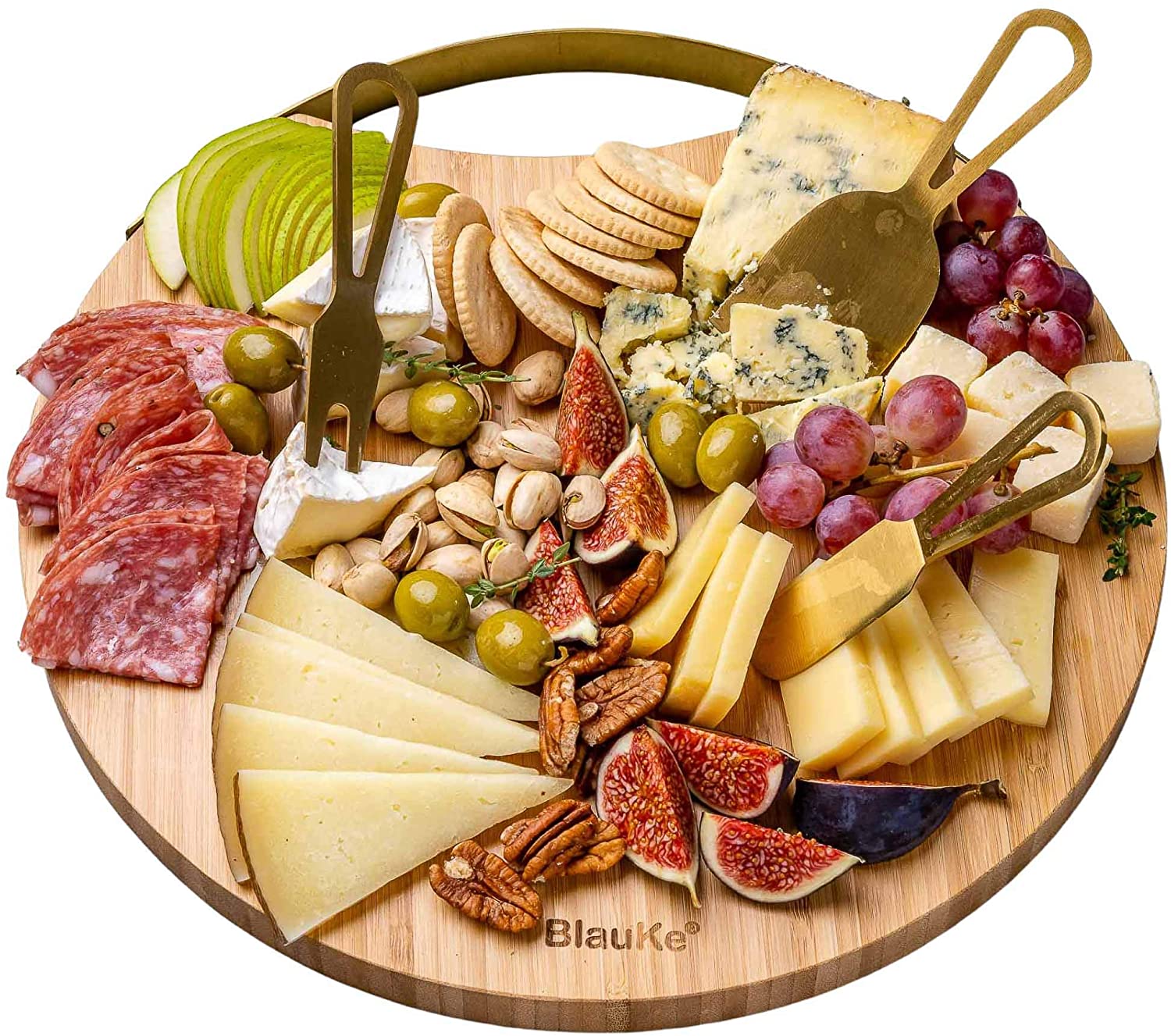 Price:$44.99 Cheese Board and Knife Set, 13” Round Charcuterie Board with Magnetic Cutlery Storage, Cheese Serving Platter, Round Serving Tray, Wood Cheese Board Set - Anniversary Birthday Housewarming Gift : Home & Kitchen