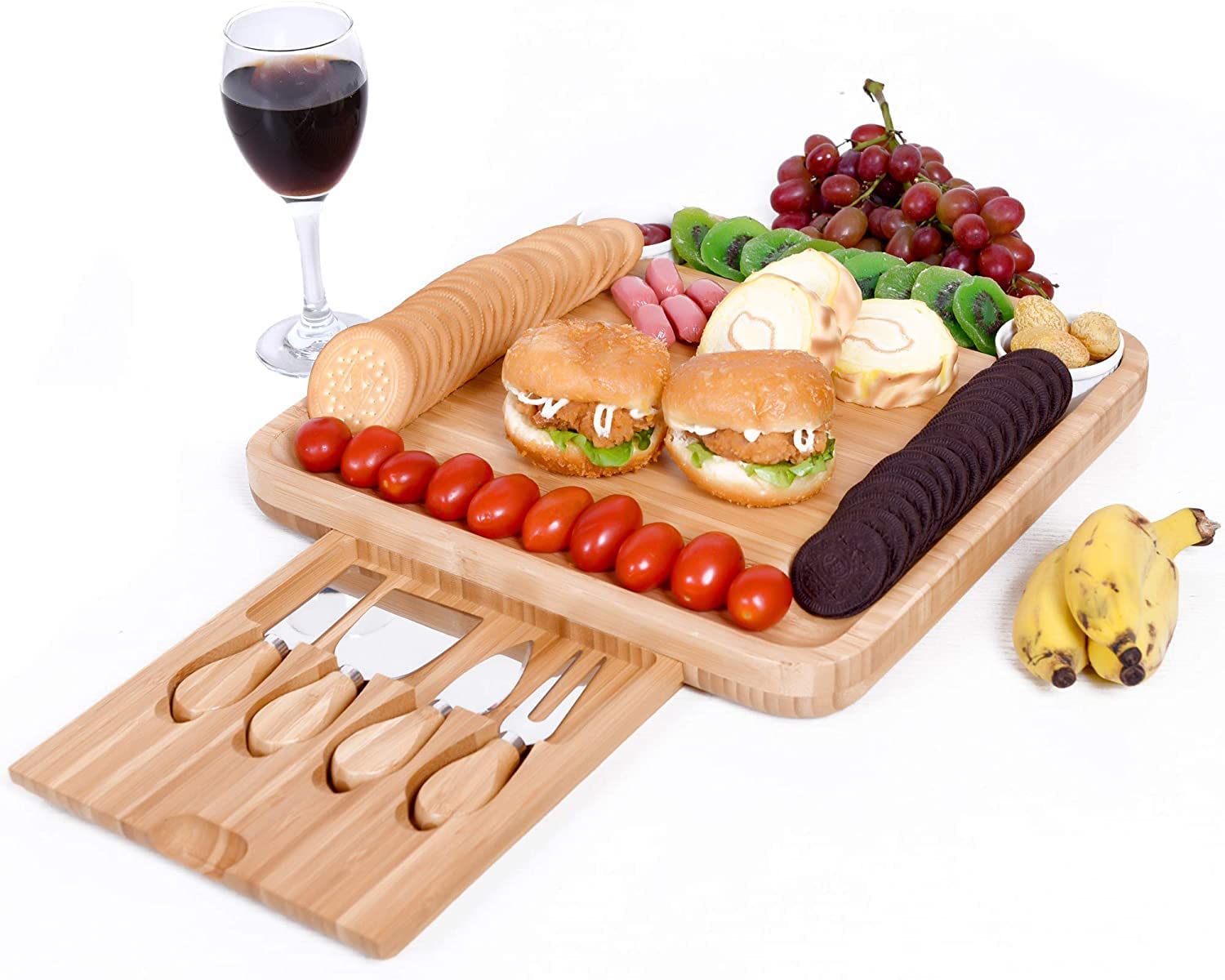 Price:$39.99 Bamboo Cheese Board Wood Charcuterie Platter with knife set and bowls,Great Serving Tray for Cheese Meat Crackers,Ideal gift for Christmas: Cheese Plates