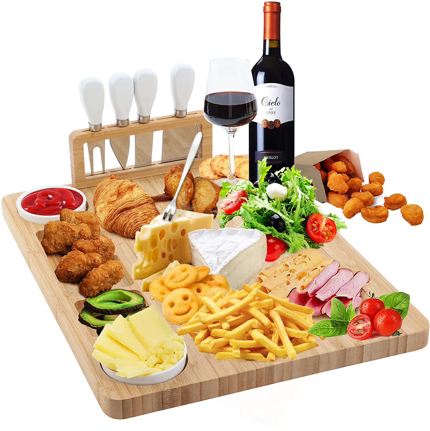 Price:$38.99 Cheese Board and Knife Set, Bamboo Charcuterie Board Set, Extra Large (17 x 13 x 0.8 inch) Cheese Serving Platter for Housewarming Birthdays Christmas Wedding: Cheese Plates