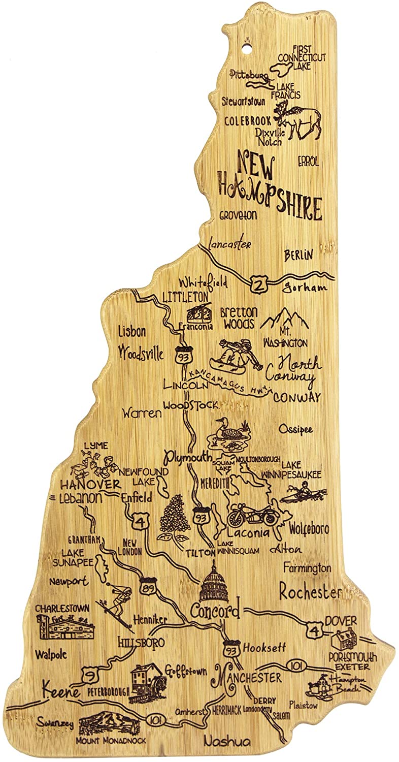 Price:$29.99 Bamboo Destination New Hampshire State Shaped Serving and Cutting Board, Includes Hang Tie for Wall Display: Home & Kitchen