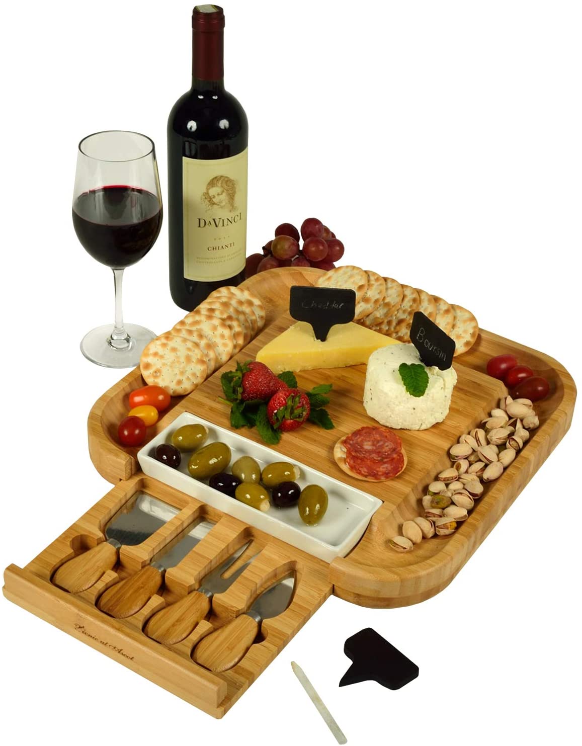 Price:$54.00 at Ascot Bamboo Cutting Board for Cheese & Charcuterie with Ceramic Dish, Knife Set & Cheese Markers - Designed & Quality Checked in the USA: Cheese Plates