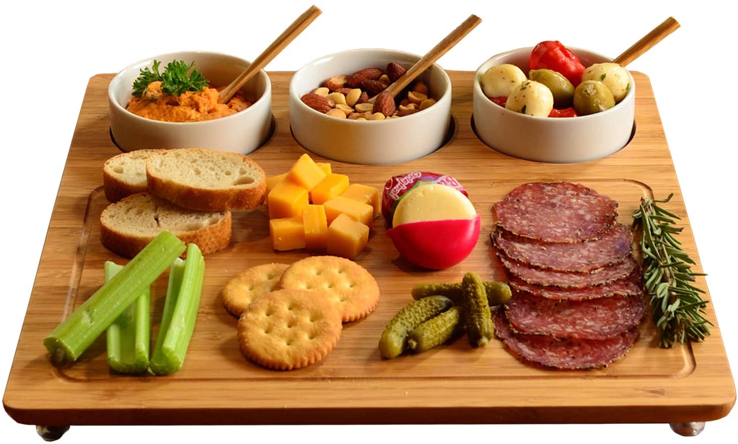 Price:$37.00 at Ascot Bamboo Cheese Board/Charcuterie Platter - Includes 3 Ceramic Bowls with Bamboo Spoons - 13" x 13" - Designed and Quality Checked in the USA: Basket Sets: Cheese Plates