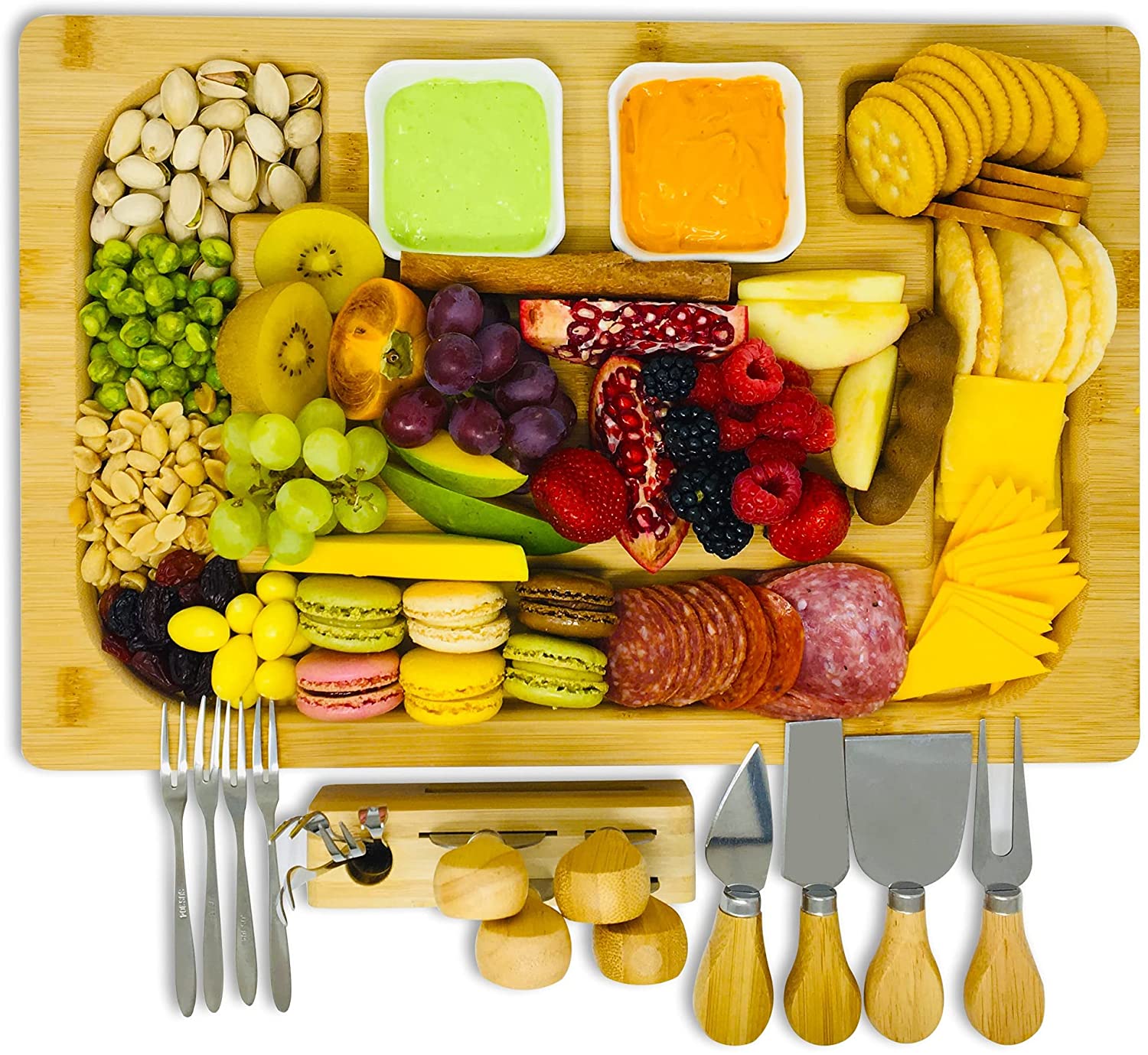 Price:$39.80 Cheese Board Set with Bonus Knives, Bowls, and Forks – Reversible Extra Large Bamboo Board & Serving Tray with Deep Grooves and Easy Handles by PandPal: Cheese Servers